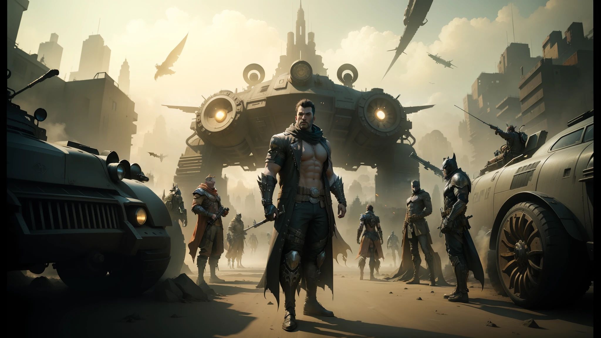 arafed image of a man in a costume standing in front of a group of people, in a dystopian landscape, unreal engine fantasy art, symmetrical dieselpunk warrior, still from a music video, batman with guns, by Dong Yuan, world boss kitten, fantasy races, promotional render, in mad max style, kaladesh concept art. mechanical, gunslinger --auto --s2