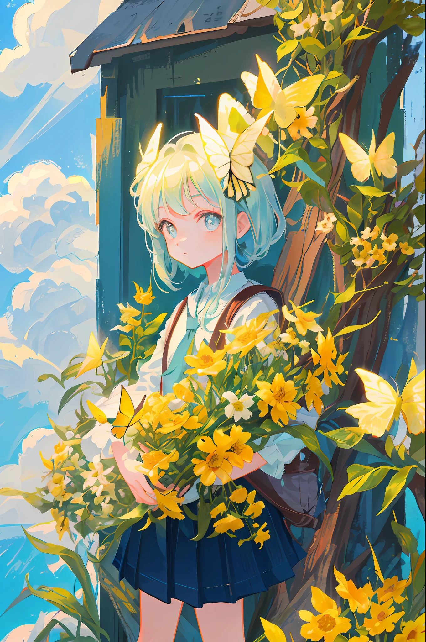 A charming little girl with a backpack is enjoying a cute spring outing surrounded by beautiful yellow flowers and nature with her cute puppy. The illustration is a high-definition illustration in 4k resolution with highly detailed facial features and cartoon-style visuals, (Butterfly Dance)