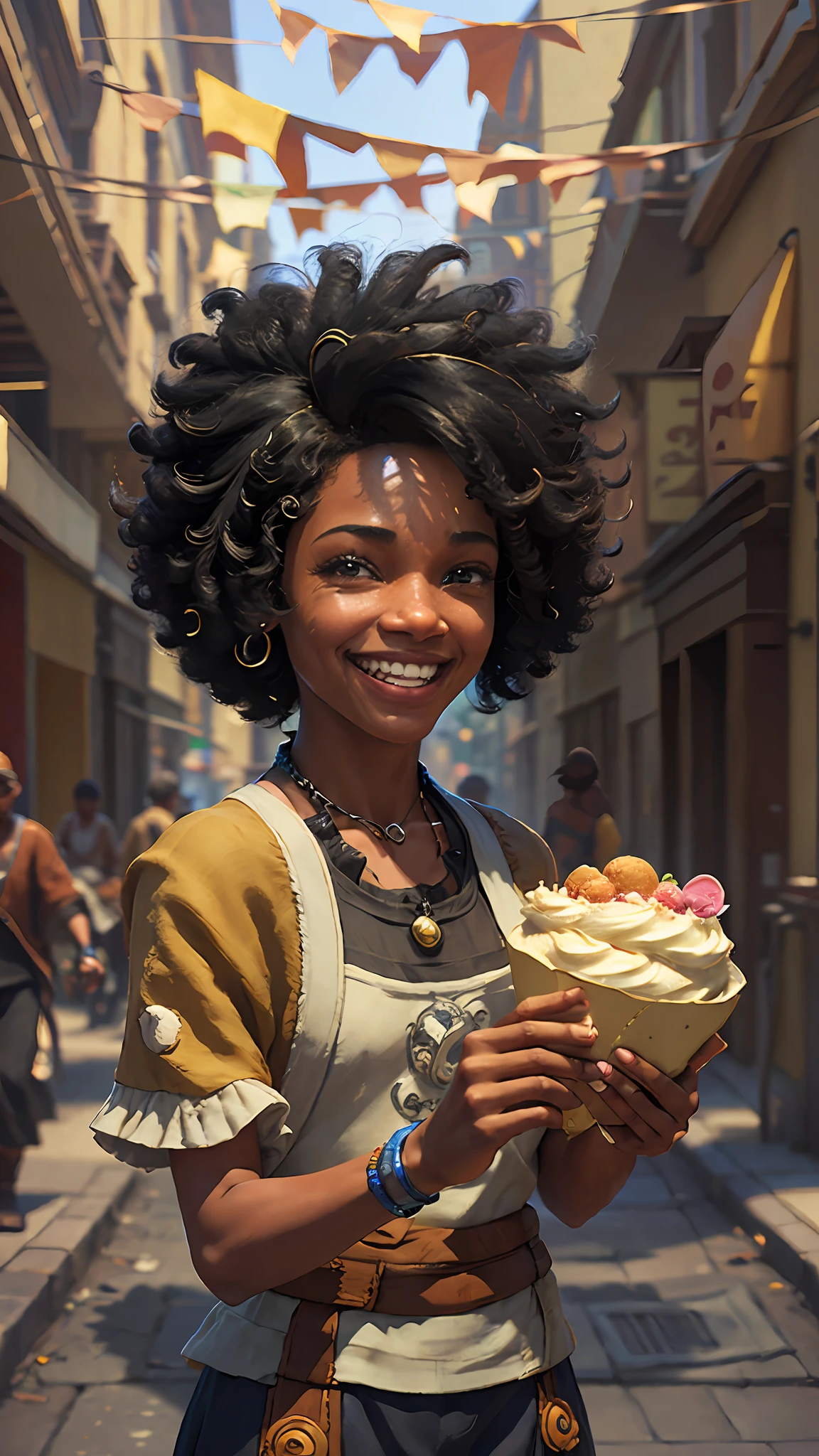 3D a cartoon character holding a small cake on a city street, black, (((solo))), movie artwork, clean photo, ghailan!, as a pixar character, (((sorriso fofo))), cute young man, afro hair, grace and blessing, rendered in unreal, movie promotional image, rendered image --auto --s2