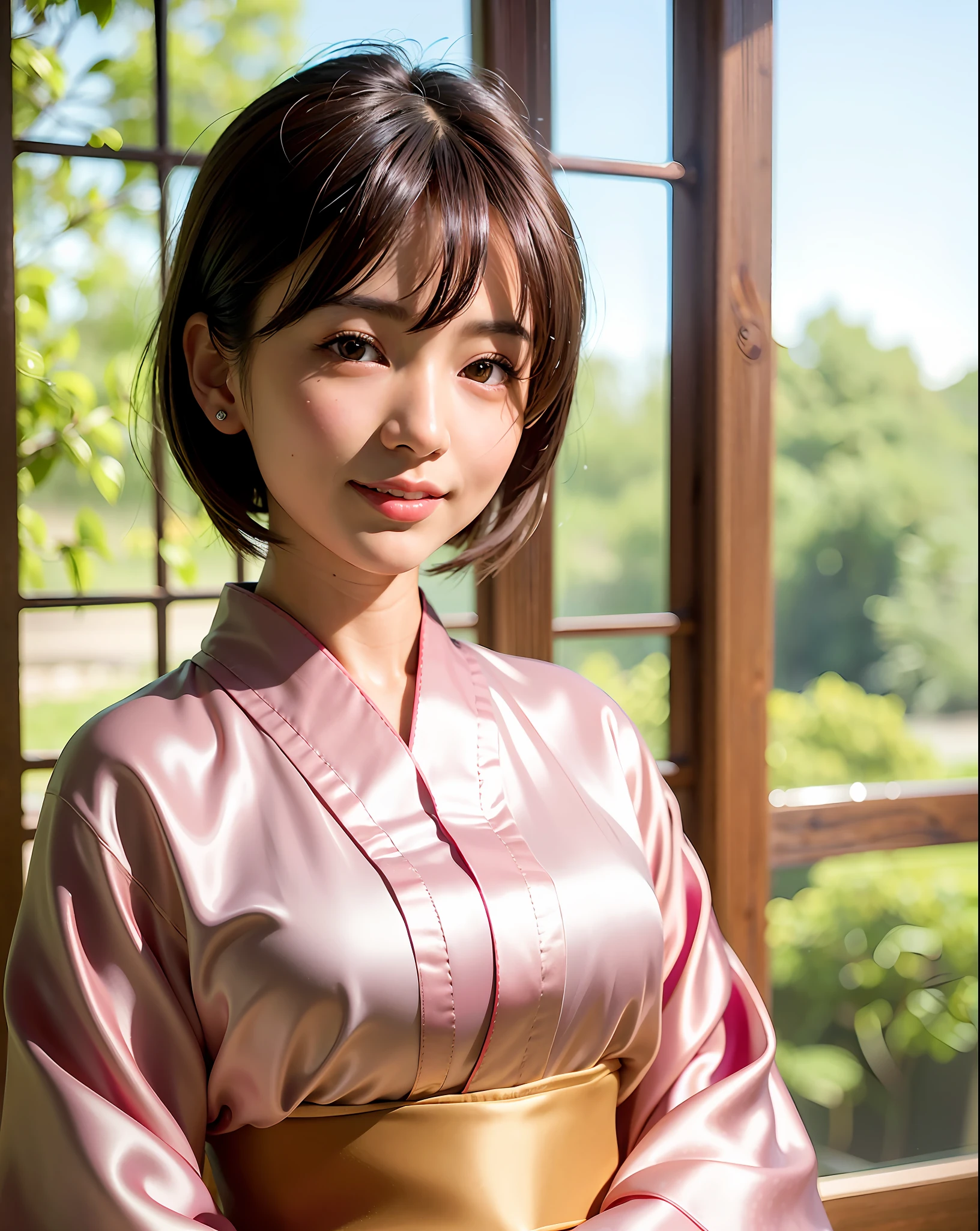 best quality, face focus, soft light, (depth of field) ,ultra high res, (photorealistic:1.4), RAW photo, (portrait:1.4) ,(from front)
1japanese girl, solo, cute, (shy, smile:1.1), (brown eyes), detailed beautiful face, (short_hair ), japanese-style room
(silk kimono:1.4)