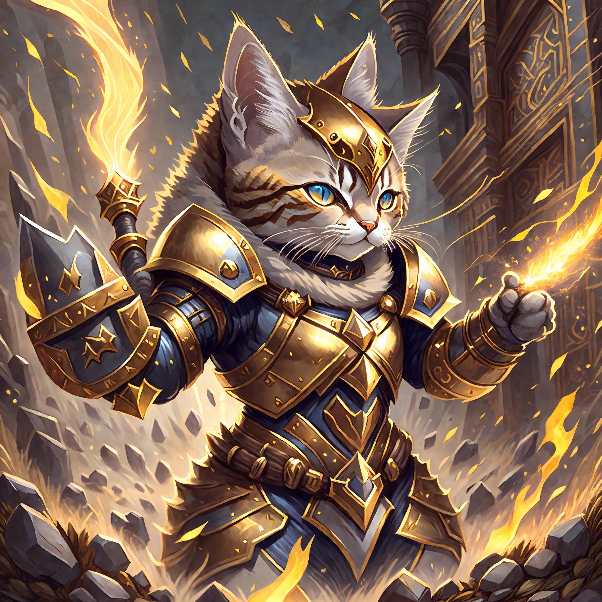 There is a cat that is on earth, armored cat, knight of golden cat armor, cat warrior, armored feline companion, collectible card art, fantasy card game art, Hearthstone card game art. ", wearing golden cat armor, world head kitten, a cyborg cat holding an axe in his mhand, cyborg cat, furry fantasy art, fireplace stone card art, magical meeting letter art, full art --auto --s2