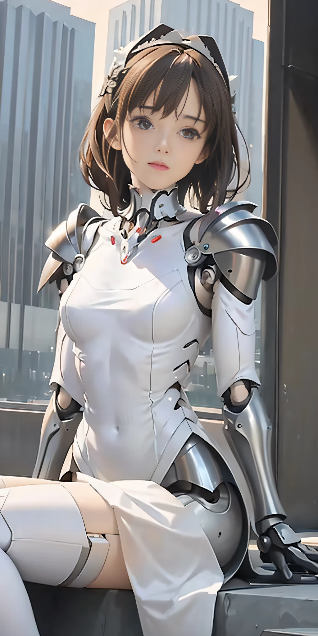 ((((masterpiece))), (best quality)))), (((ultra-detailed))), (CG illustration), ((extremely delicate and beautiful)), (cute and delicate face), cinematic light, ((1 mechanical girl)), solo, full body, (machine made joints:1.4), ((mechanical limb) ), (blood vessels connected to tubes), ((mechanical vertebrae attached to the back), ((mechanical cervical vertebrae attached to the neck)), ((sitting)), expressionless, (armor attached to the head and body: 1.5), (character focus), science fiction