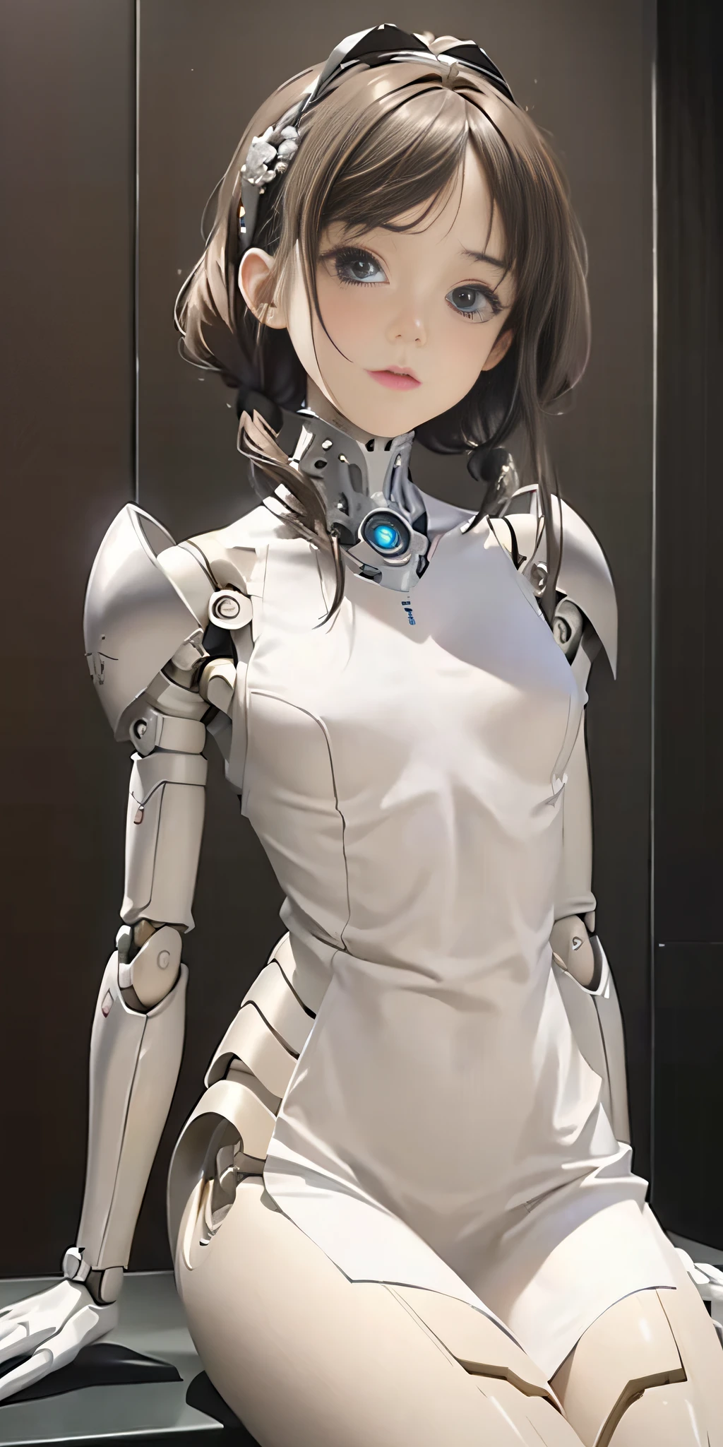 ((((masterpiece))), (best quality)))), (((ultra-detailed))), (CG illustration), ((extremely delicate and beautiful)), (cute and delicate face), cinematic light, ((1 mechanical girl)), solo, full body, (machine made joints:1.4), ((mechanical limb) ), (blood vessels connected to tubes), ((mechanical vertebrae attached to the back), ((mechanical cervical vertebrae attached to the neck)), ((sitting)), expressionless, (armor attached to the head and body: 1.5), (character focus), science fiction