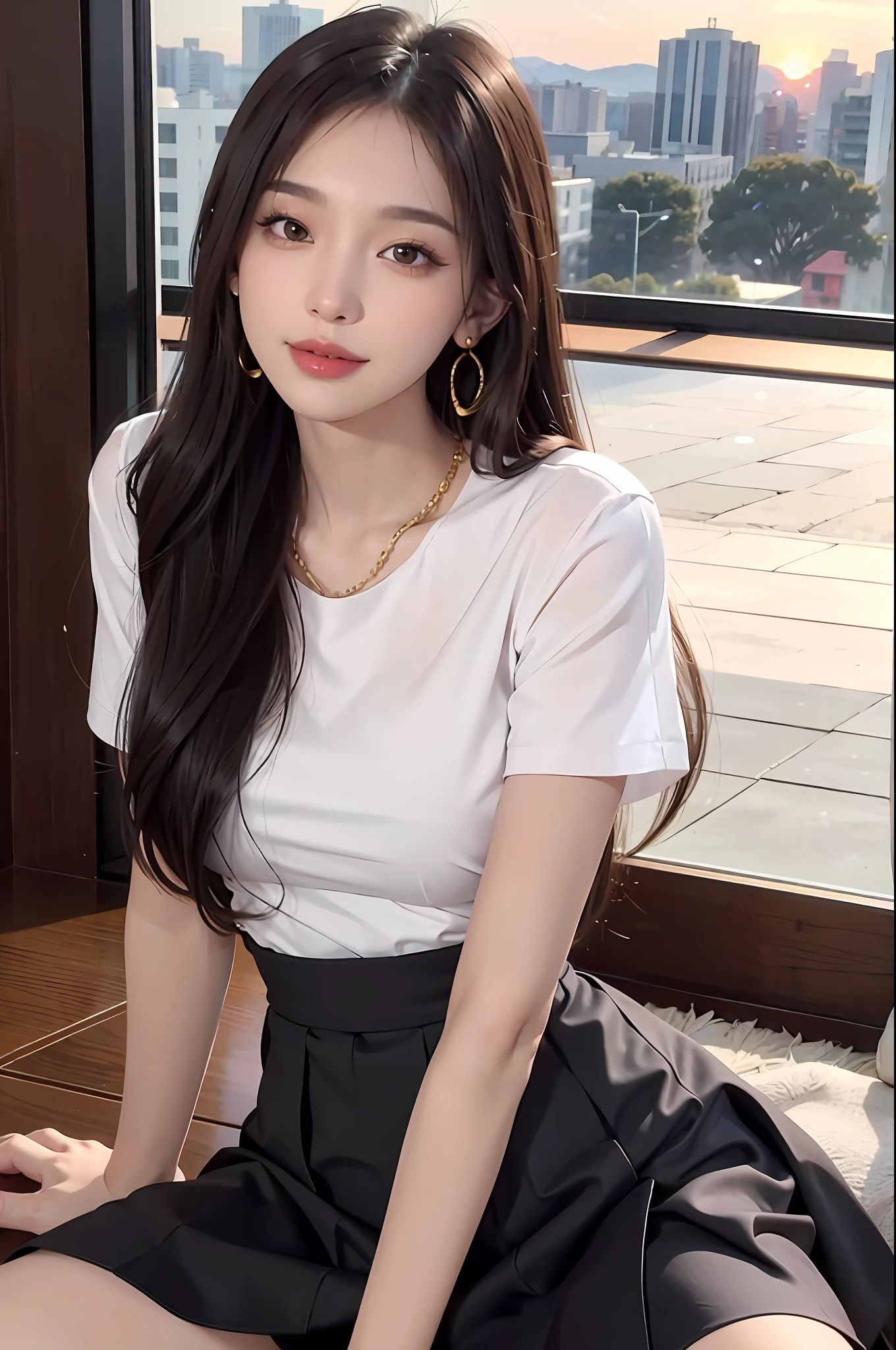 1 beautiful girl, sad girl, sitting by the window, long hair, beautiful face without blemishes, Wearing gold chain, rosy face, earrings, brown eyes, thin eyebrows, most thorough makeup is eyelashes, Pink lipstick, lips petite, graceful smile, The breasts are full and round, slim waist, moderately big butt, long legs, wear a thin white shirt that reaches to the waist, Wearing a black skirt, black mesh stockings, long hair, one afternoon, sunset is fading, sky color orange, clear sunset background image, quality best image quality, 8k quality, real girl, artwork, upper body