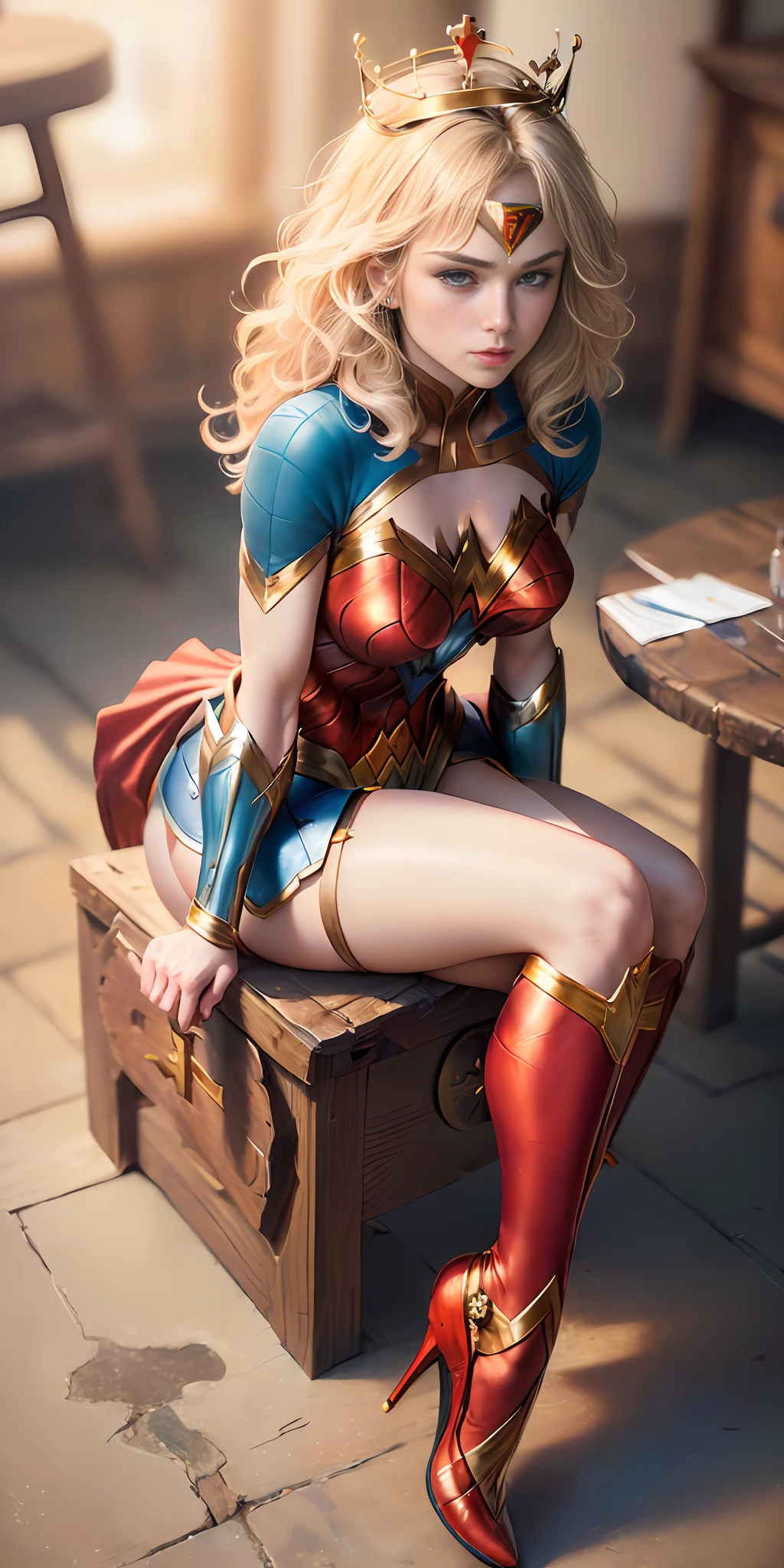 (extremely detailed CG unity 8k wallpaper:1.4),<(masterpiece:1.4), (best quality:1.7), high resolution illustration, (finely detailed eyes and detailed face:1.4), (detail:1.3, best quality, (ultra-detailed), (an extremely delicate and beautiful), (illustration), (painting),(masterpiece:1.5),dynamic angle,floating,sharp focus,(2d:1.7), (best quality:1.3),(illustration:1.1),((dishevelled hair:1.2),(beautiful detailed eyes:1.1), wonder women, puffy nipple, full body, high heels, shoes visible, crown, small natural breasts, sitting cross legged, knee down, pose, plain blurry background