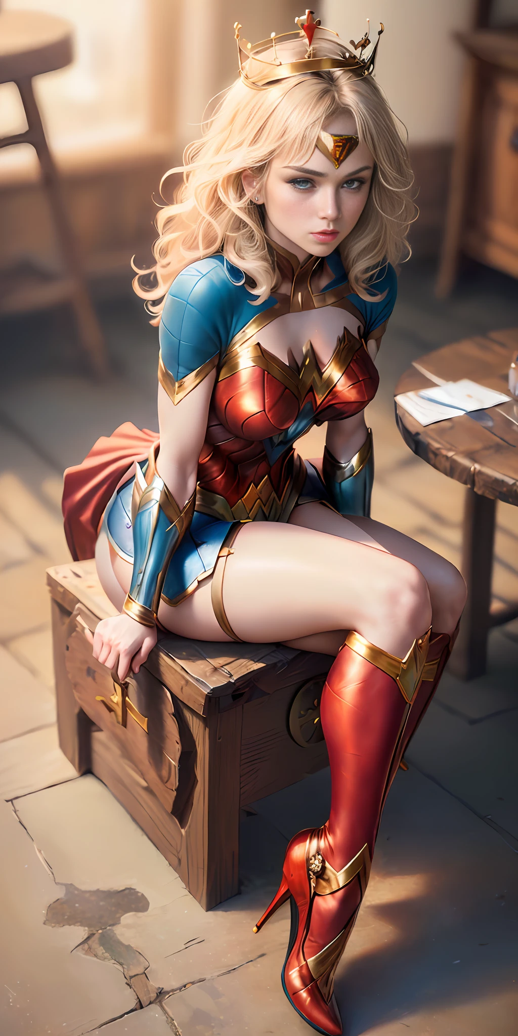 (extremely detailed CG unity 8k wallpaper:1.4),<(masterpiece:1.4), (best quality:1.7), high resolution illustration, (finely detailed eyes and detailed face:1.4), (detail:1.3, best quality, (ultra-detailed), (an extremely delicate and beautiful), (illustration), (painting),(masterpiece:1.5),dynamic angle,floating,sharp focus,(2d:1.7), (best quality:1.3),(illustration:1.1),((dishevelled hair:1.2),(beautiful detailed eyes:1.1), wonder women, puffy nipple, full body, high heels, shoes visible, crown, small natural breasts, sitting cross legged, knee down, pose, plain blurry background