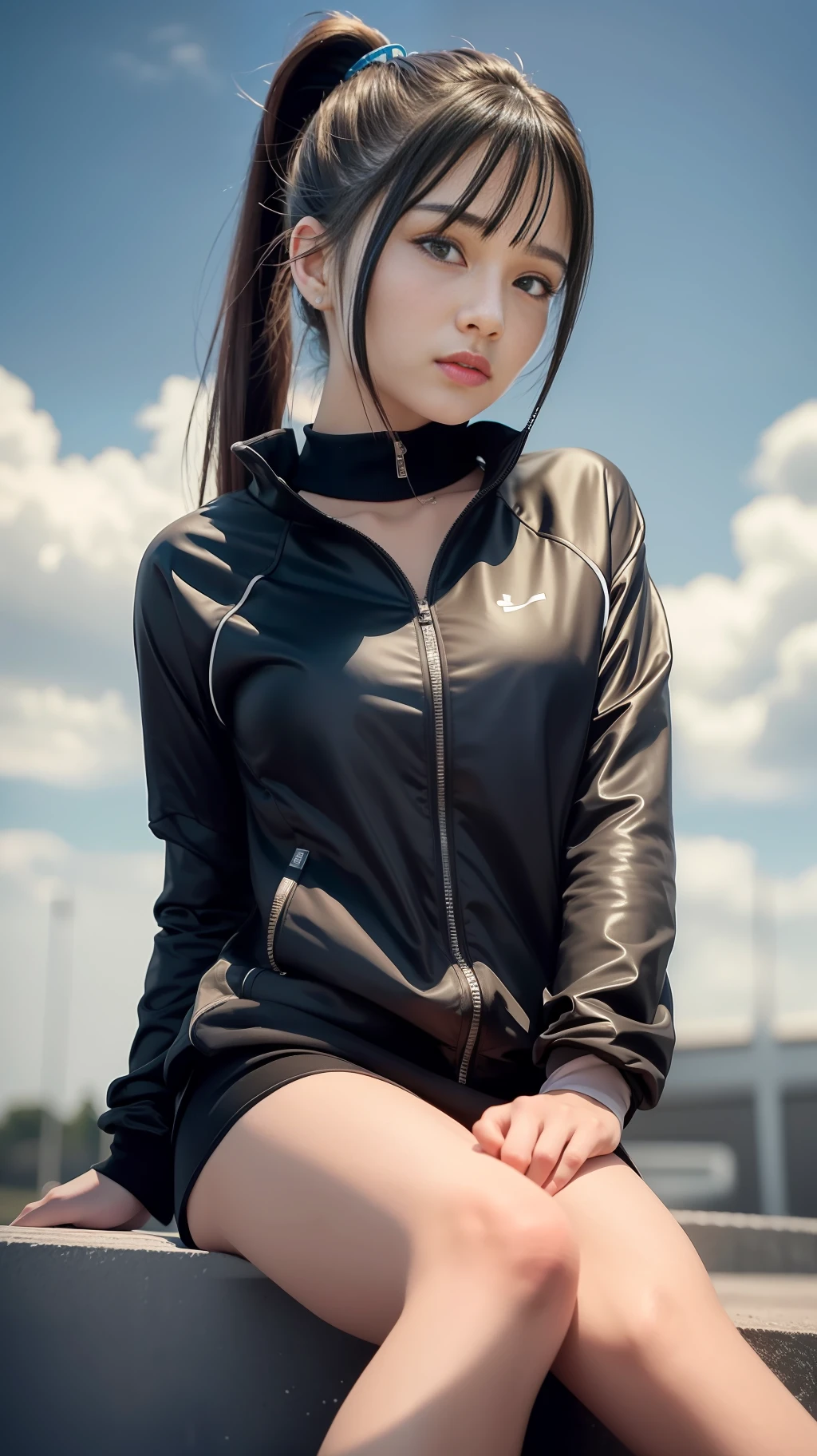 (8k, best quality, masterpiece: 1.2), (realistic: 1.37), super detailed, 1 girl, cute, black ponytail, tracksuit, beautiful sky, sitting, beautiful delicate eyes, rain, beautiful delicate face, upper body