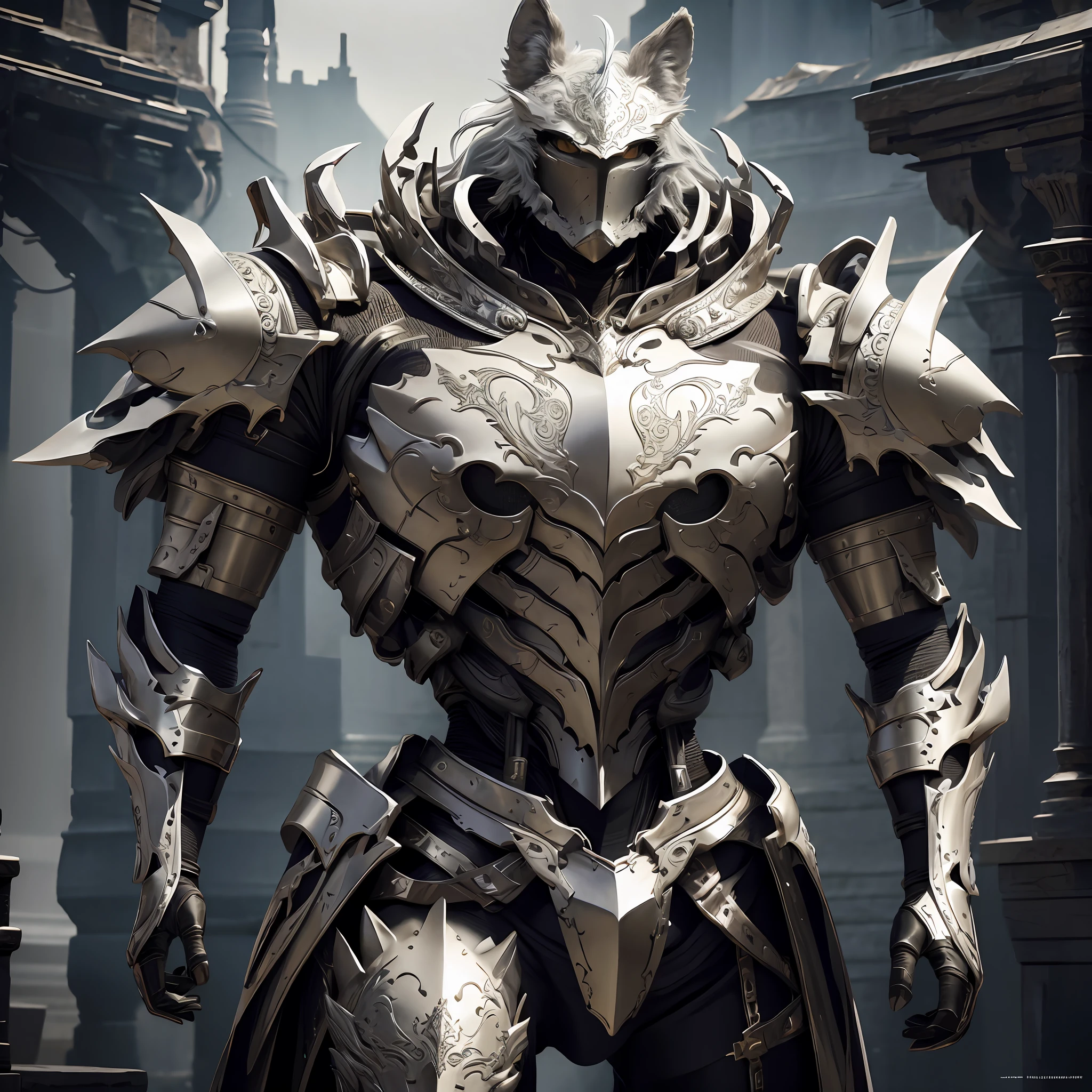 Wolf knight, fine armor, intricate design, silver, silk, cinematic lighting, 4k, floating hair, sharp