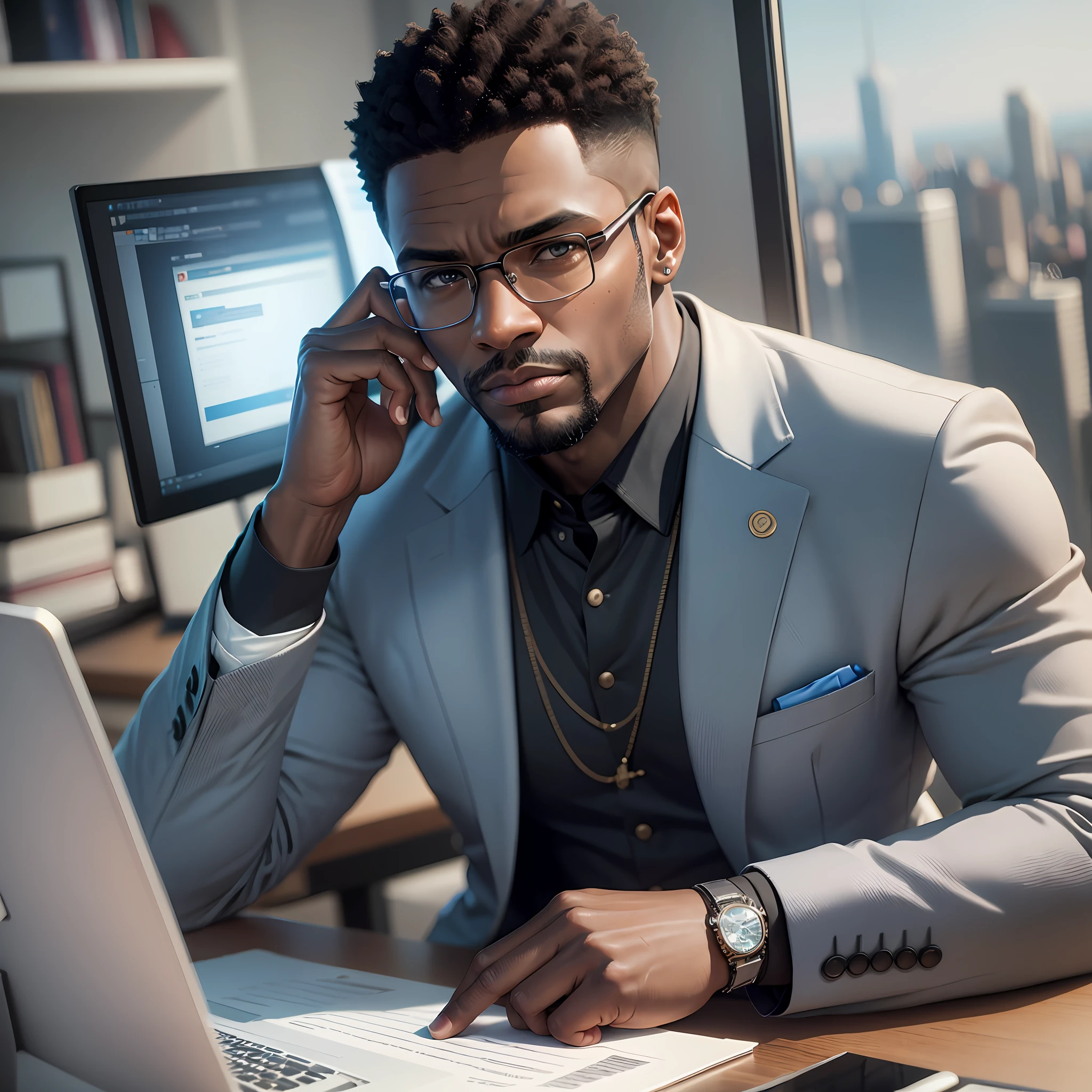 photo realistic:16:9, HD, 16K, the Black man, businessman, sitting in front of a computer, analyzing a job applicants website. The computer screen must be visible to the eyes of those watching the scene. This businessman appears to be successful because he is in a beautiful office with views out the window to the city, {best quality}, {ultra-detailed}, Photorealistic, {ultra-detailed} --auto --s2