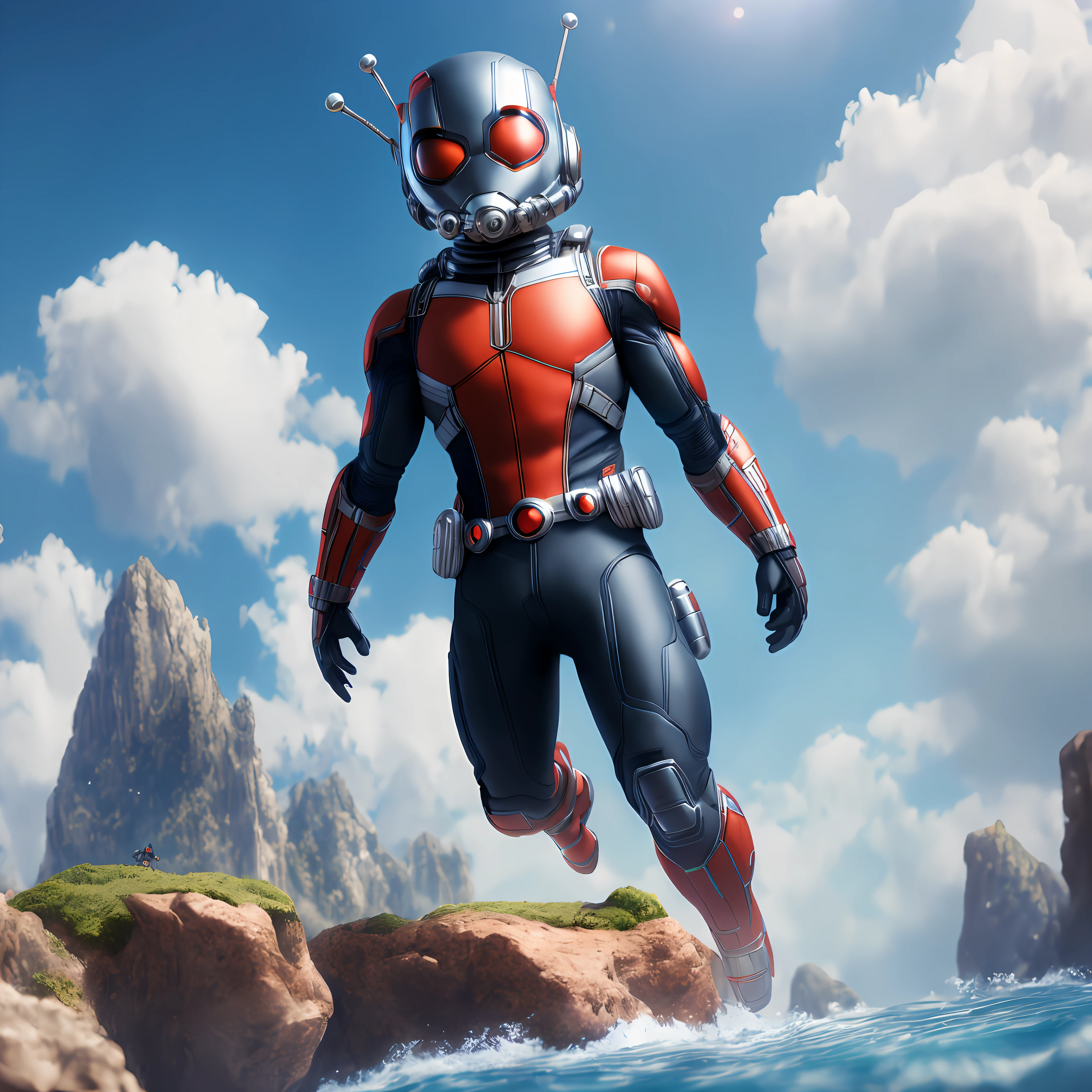 Best quality ultra-detailed CG with a floating figure of Little Dall Maraval Ant-Man, set against a picturesque cloudy blue sky background.