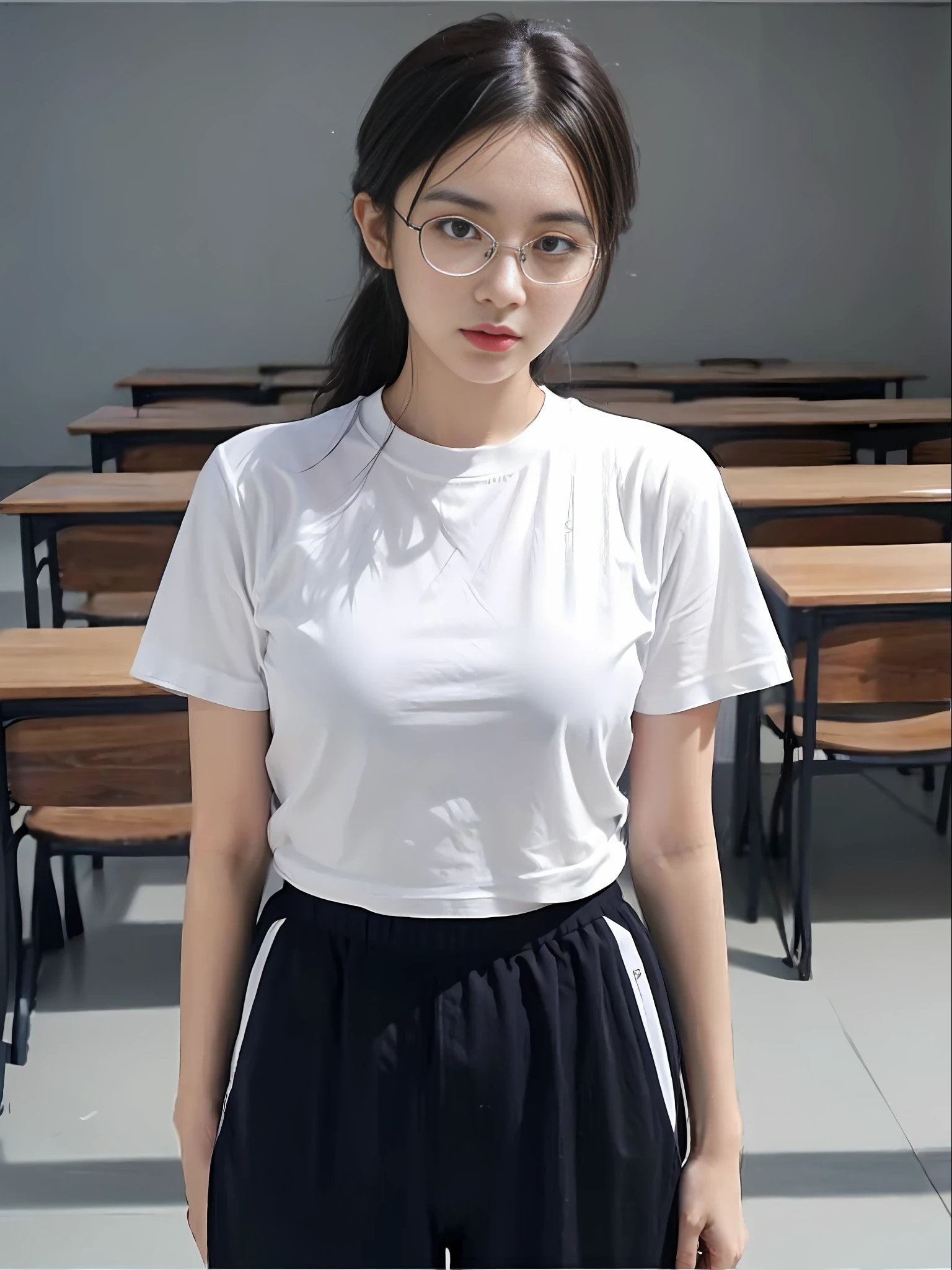 Best Quality, Masterpiece, Ultra High Resolution, 4K, (Realisticity: 1.55), Alone, Solo, (Short Black Hair), Hair Tied, Light Blue Hairpin, White Skin, Chinese, Young, Thick Eyebrows, Black Eyes, Biting Lip, Black Silk Rimmed Glasses, Delicate Face, Wearing (Tight Off-White T-shirt, Black Sweatpants) (Narrow Waist: 1.2), Medium, In the Classroom, HD Quality Clothes