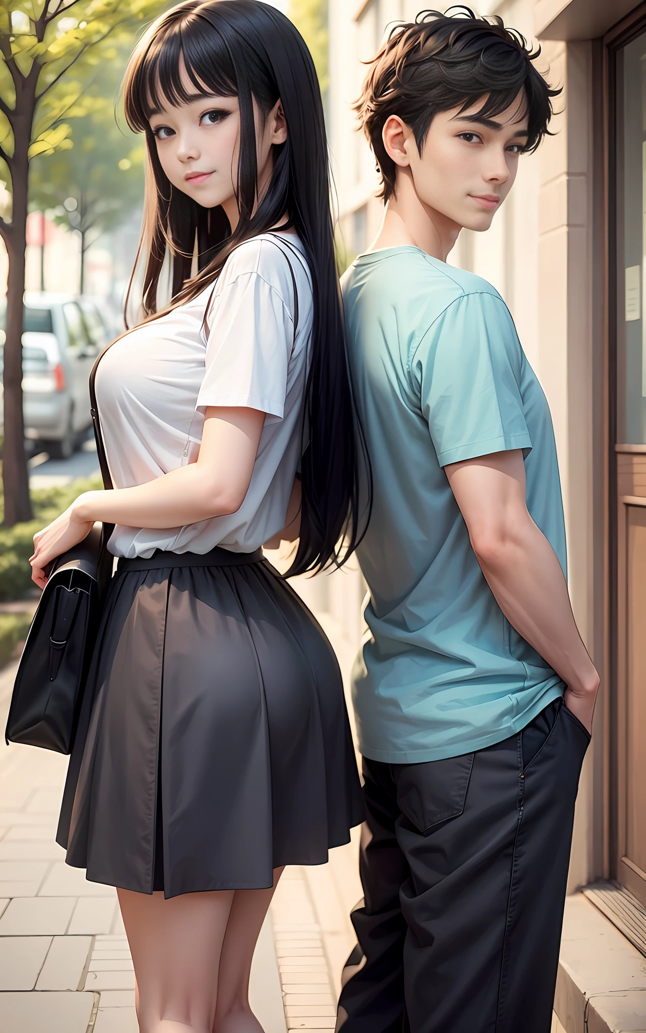 Top quality, best Ghibli similar illustrations, male and female couple, full body, beautiful college girl, 19 years old, tall, similar to Yuko Takeuchi, long black hair, long skirt, first day of college, Campas is full of club invitations. I'm laughing at you, playful, big breasts, big ass, attractive, 19 years old, curiosity, smile,