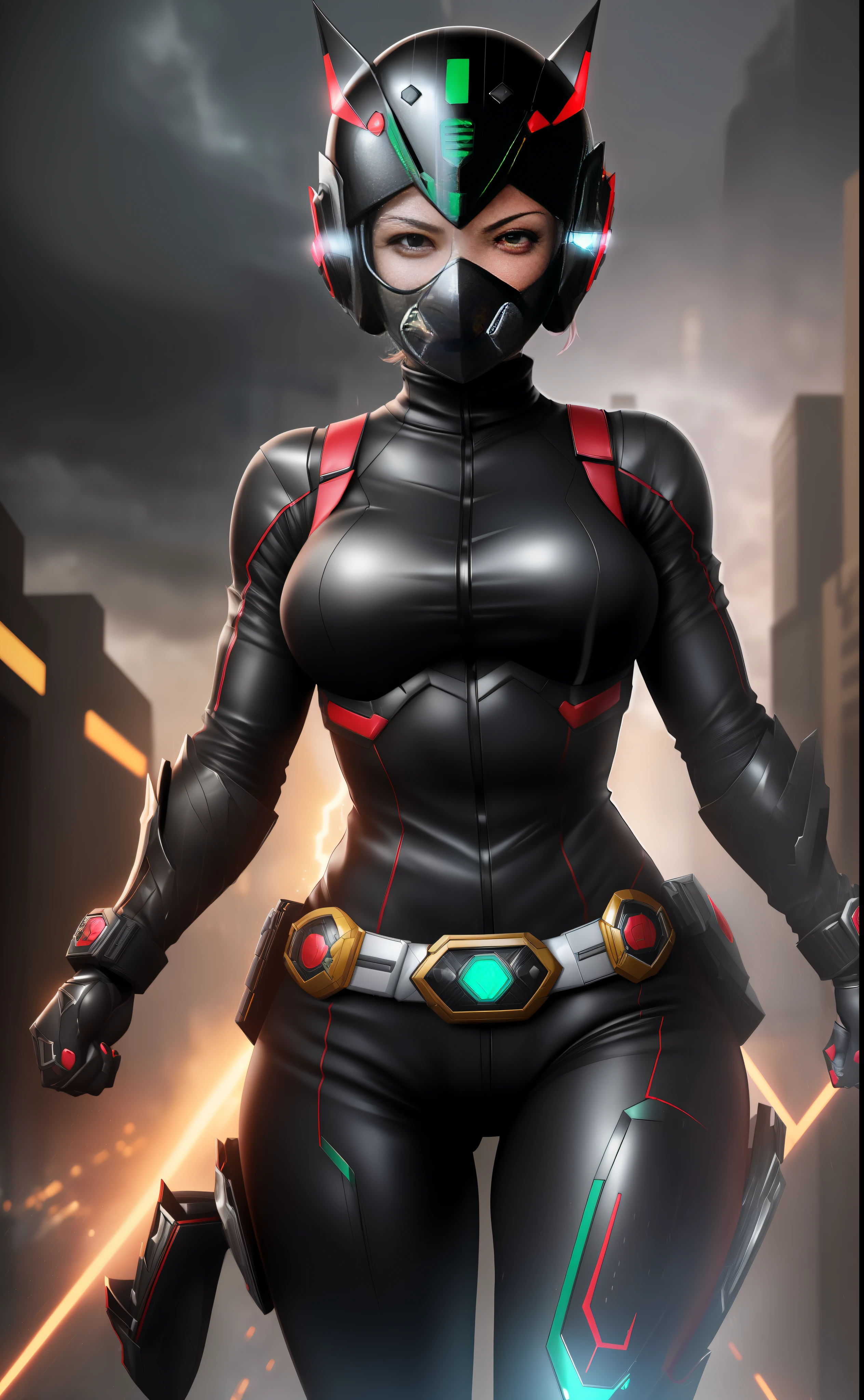 ((1girl/kamen Rider/helmet with fully covered face)), Unreal Engine 5/Mortal Kombat, anime style, full resolution/quality/sharpness/detail viewer, (bald head), breasts1giant, facing the viewer/staring, fighting position, clenched fists, in a futuristic city raining and thundering.