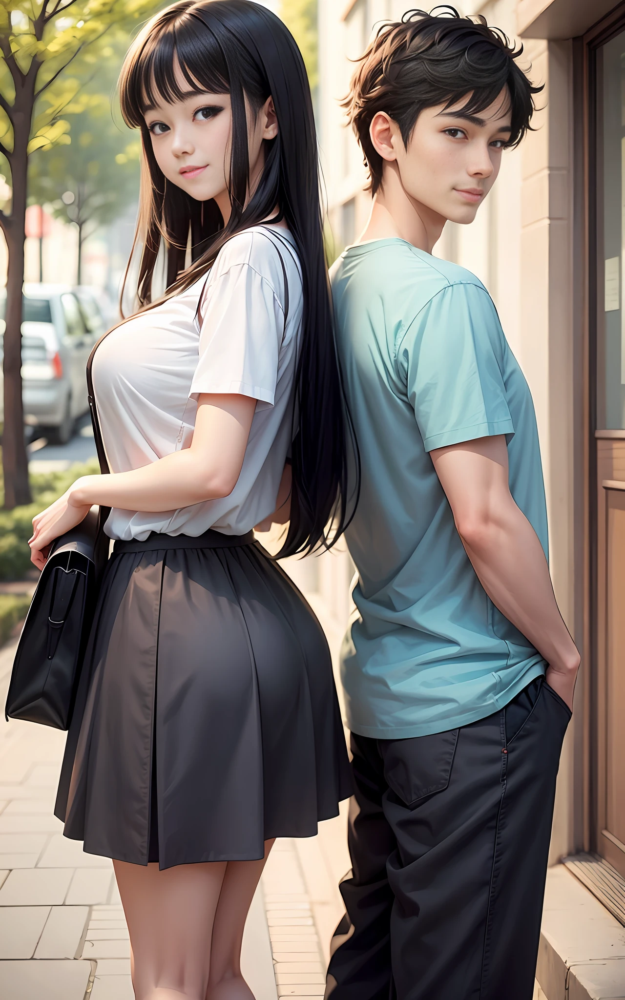 Top quality, best Ghibli similar illustrations, male and female couples, full body, beautiful college girl, 19 years old, similar to Yuko Takeuchi, long black hair, long skirt, first day of college, Campas is full of club invitations. I'm laughing at you, playful, big breasts, big ass, attractive, 19 years old, curiosity, smile,