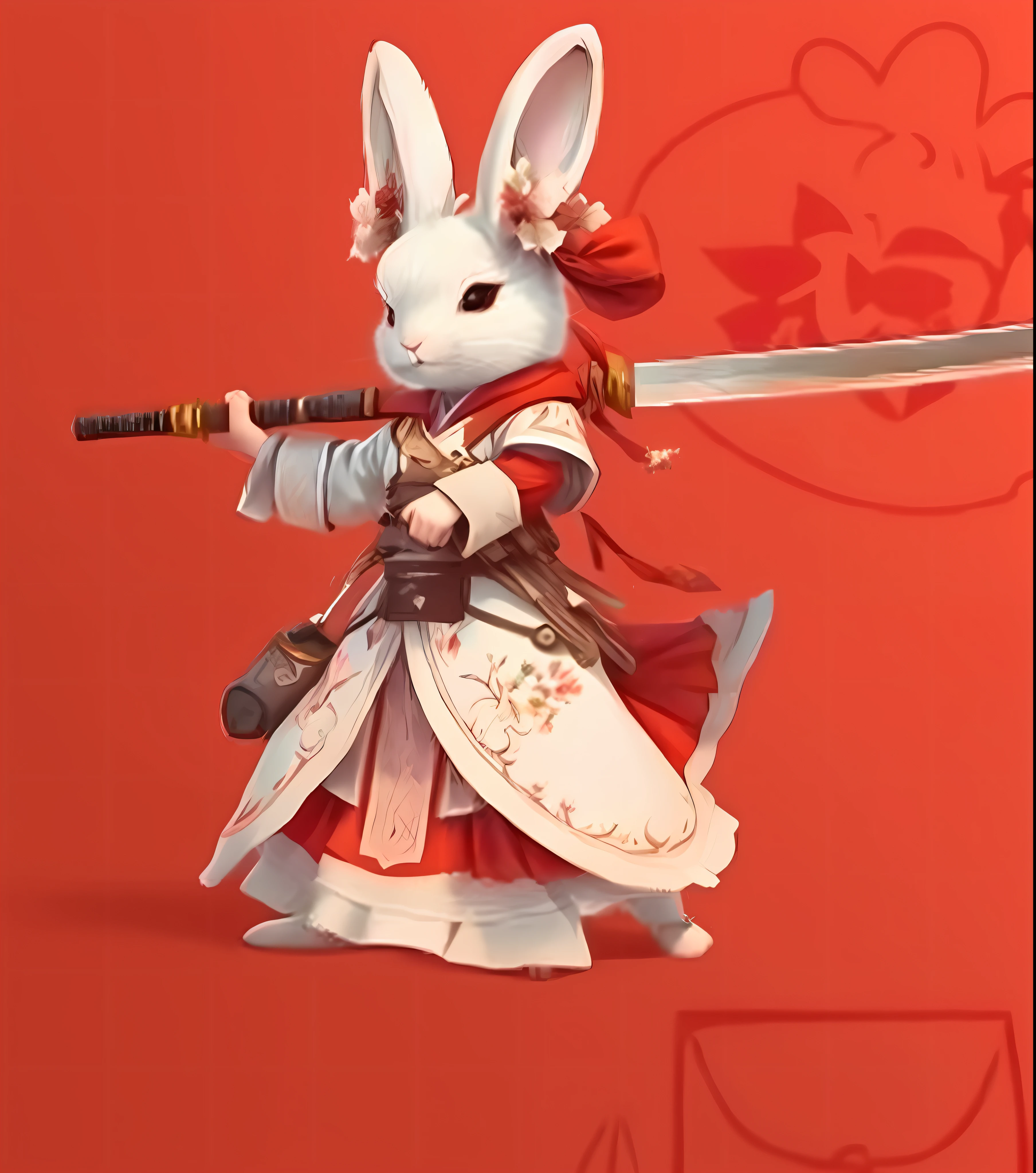 A skinny rabbit carrying a big long knife.