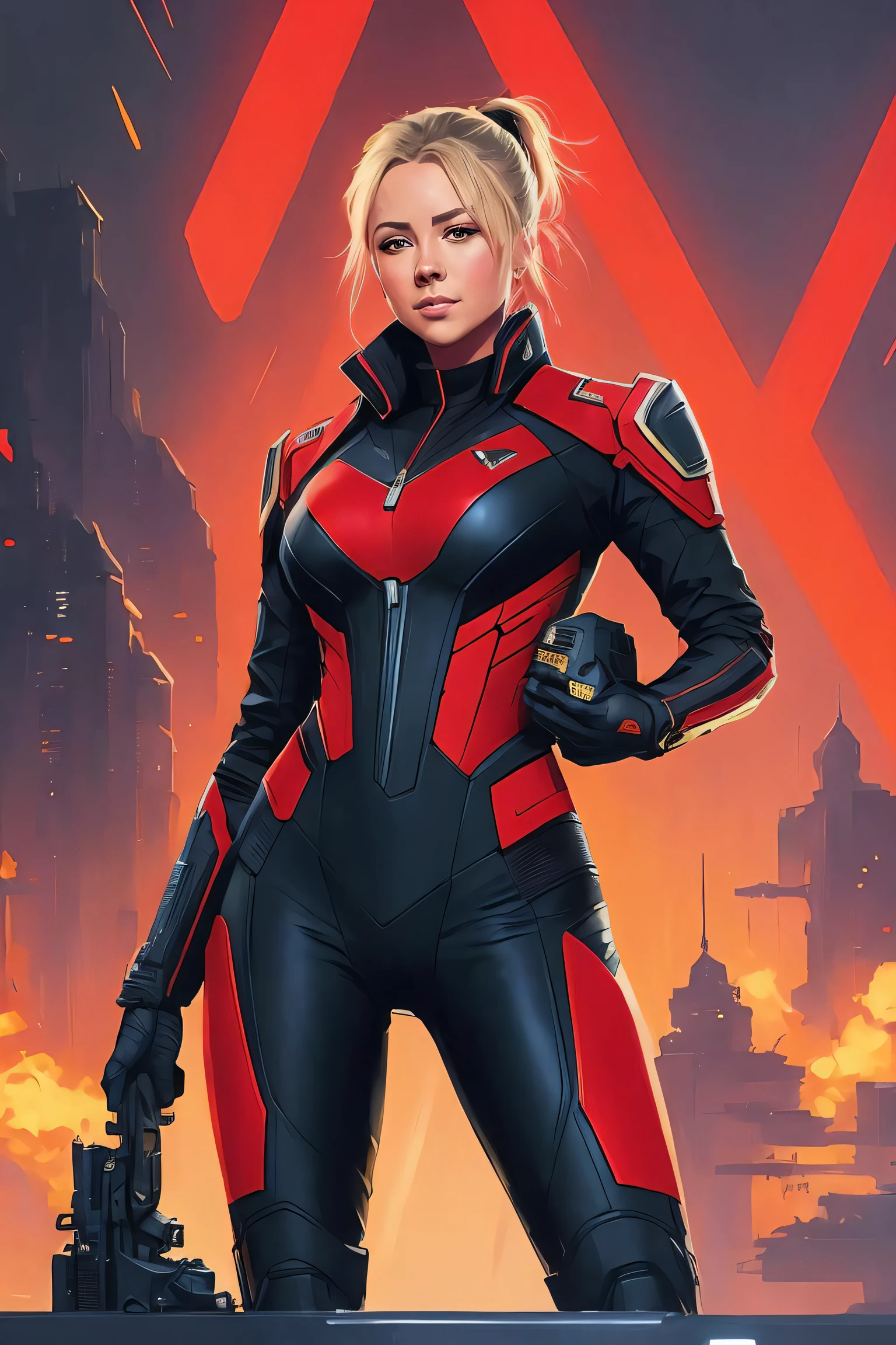 photo of (Hilary Shepard:0.99), a woman Wearing a red and black power suit with glowing yellow accents and a HUD visor, art by CFStyle