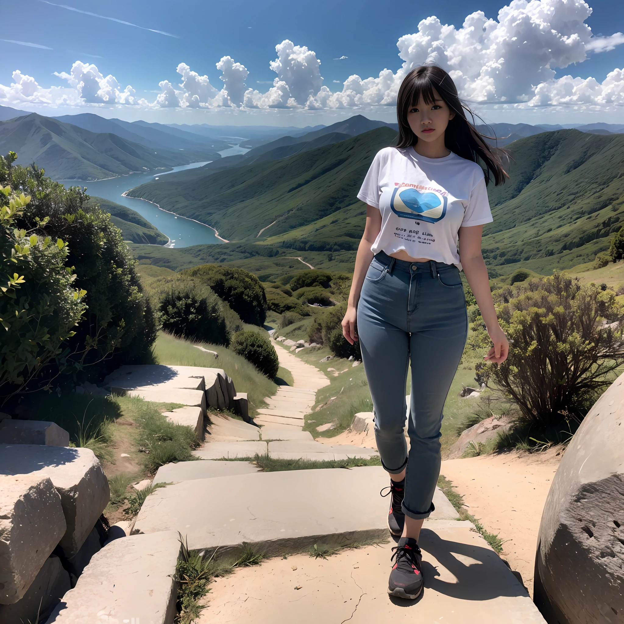 (masterpiece, top quality, 8K wallpaper, high resolution, ultra-realistic), 1girl, solo, full body composition from afar, slender figure: 1.1, (beautiful face like a doll: 1.5), beautiful face, beautiful eyes, detailed face, detailed eyes, detailed nose, detailed mouth, (long hair in the wind: 1.5), (bangs: 1.5), black eyes, mountain girl style, backpacker, mountaineer, mountain view from the top of the mountain, Walking on a mountain trail, (self-portrait: 1.5) T-shirt, long pants, climbing, wearing trekking boots, natural landscape photos; mountain climbing; spectacular summer mountain scenery with rugged mountain ranges in the distance, with a wonderful contrast of blue sky and white clouds. Camera = "Sony a7 IV";Lens="Tamron 28-200mm f/2.8-5.6 Di III RXD";" Aperture = f/6.3";" Shutter speed = 1/1600 sec";" ISO=100";