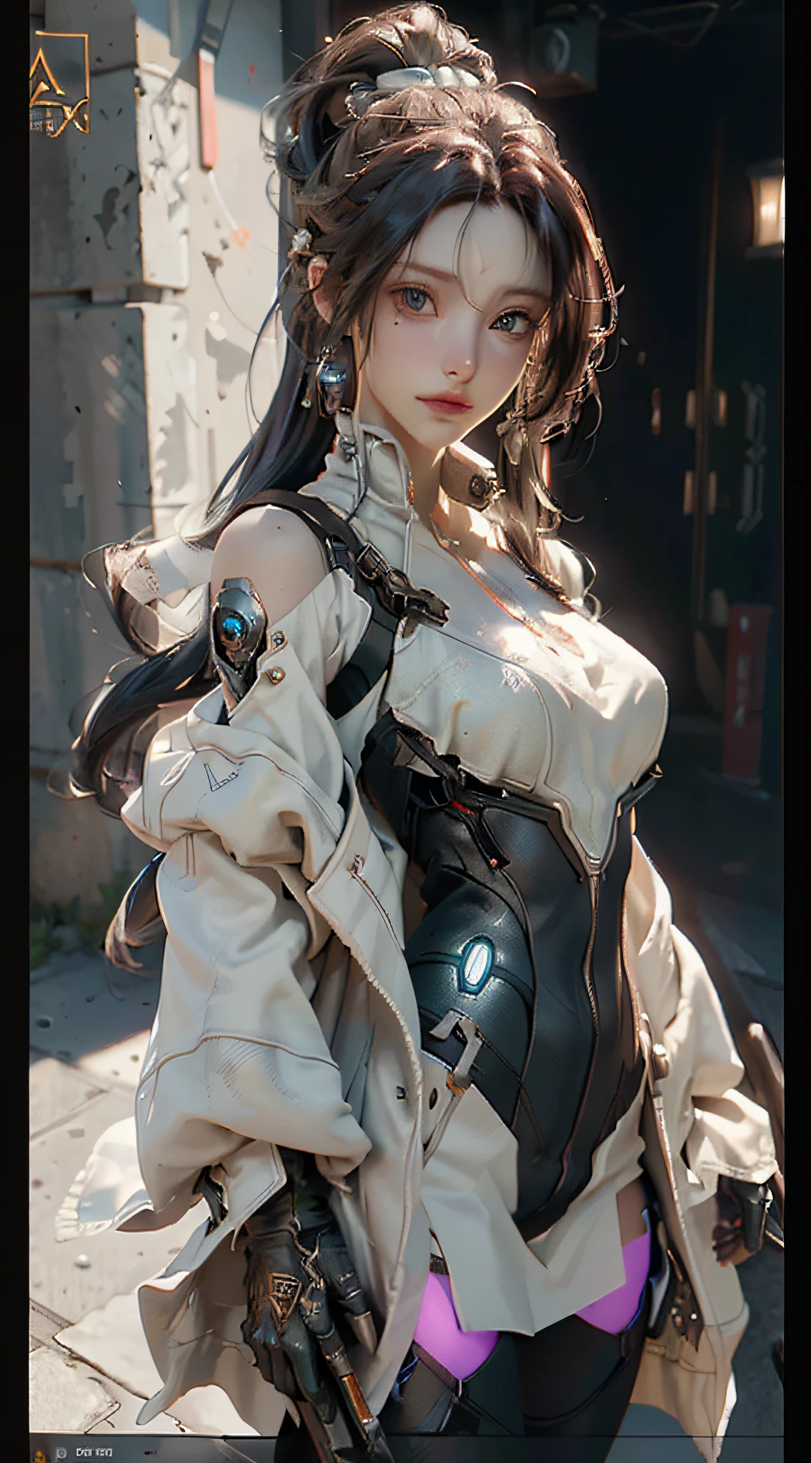 ((Best quality)), ((masterpiece)), (detailed:1.4), 3D, an image of a beautiful cyberpunk female,HDR (High Dynamic Range),Ray Tracing,NVIDIA RTX,Super-Resolution,Unreal 5,Subsurface scattering,PBR Texturing,Post-processing,Anisotropic Filtering,Depth-of-field,Maximum clarity and sharpness,Multi-layered textures,Albedo and Specular maps,Surface shading,Accurate simulation of light-material interaction,Perfect proportions,Octane Render,Two-tone lighting,Wide aperture,Low ISO,White balance,Rule of thirds,8K RAW,