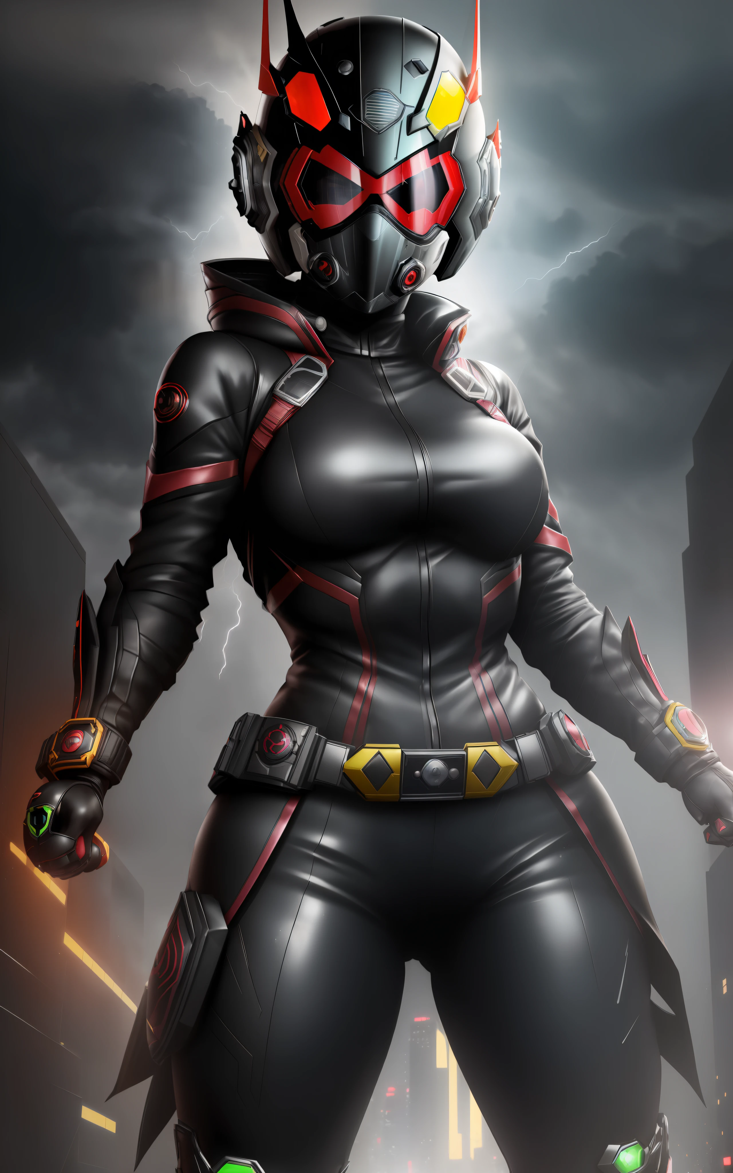 ((1girl/kamen Rider/helmet with face fully covered with optical viewfinder)), Unreal Engine 5/Mortal Kombat, anime style, full resolution/quality/sharpness/detail viewer, (bald head), breasts1giant, facing the viewer/staring, fighting position, clenched fists, in a futuristic city raining and thundering.