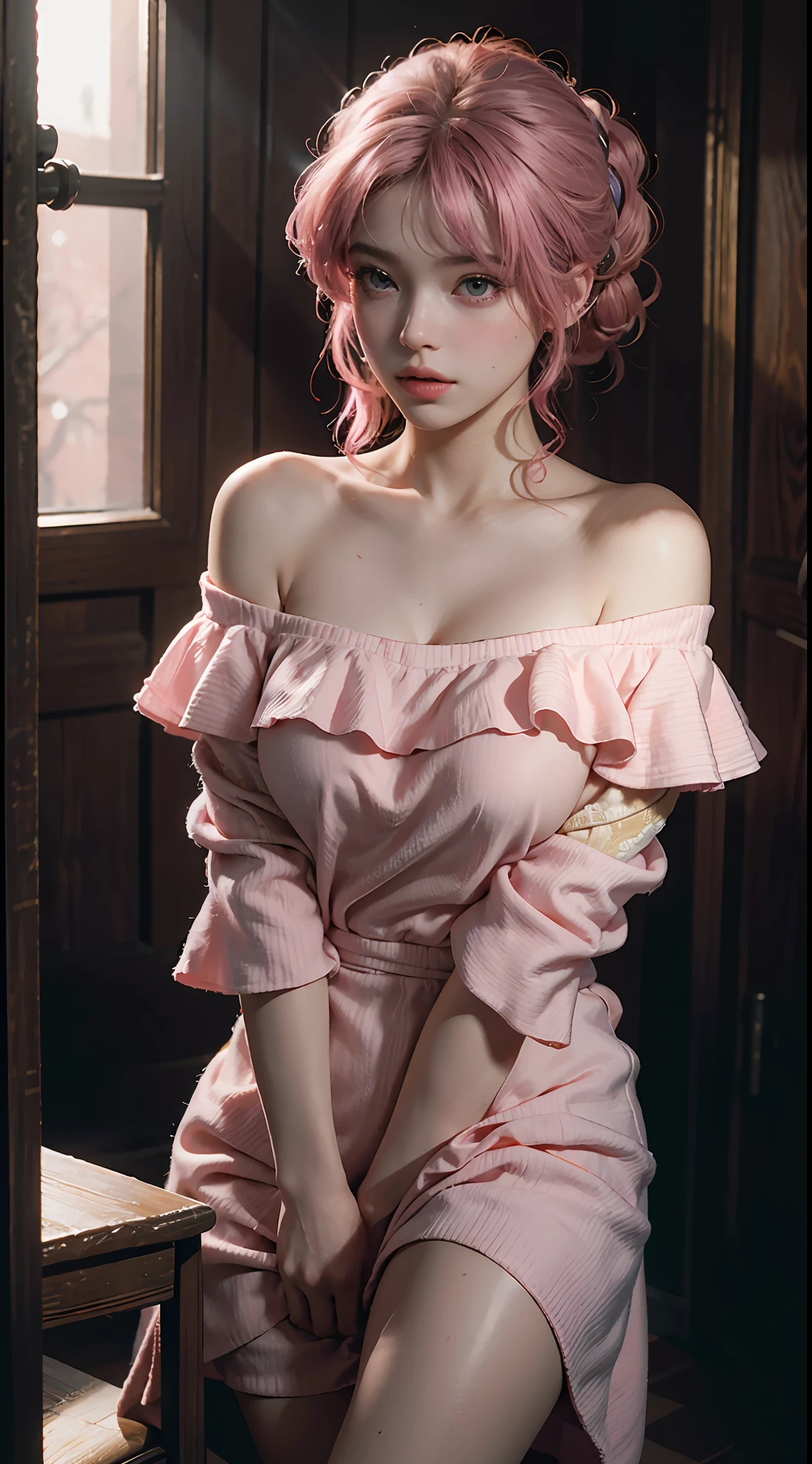 Best Quality, Masterpiece, Ultra High Resolution, (Realisticity: 1.4), Original Photo, 1girl, Pink Off-the-Shoulder, Cinematic Lighting