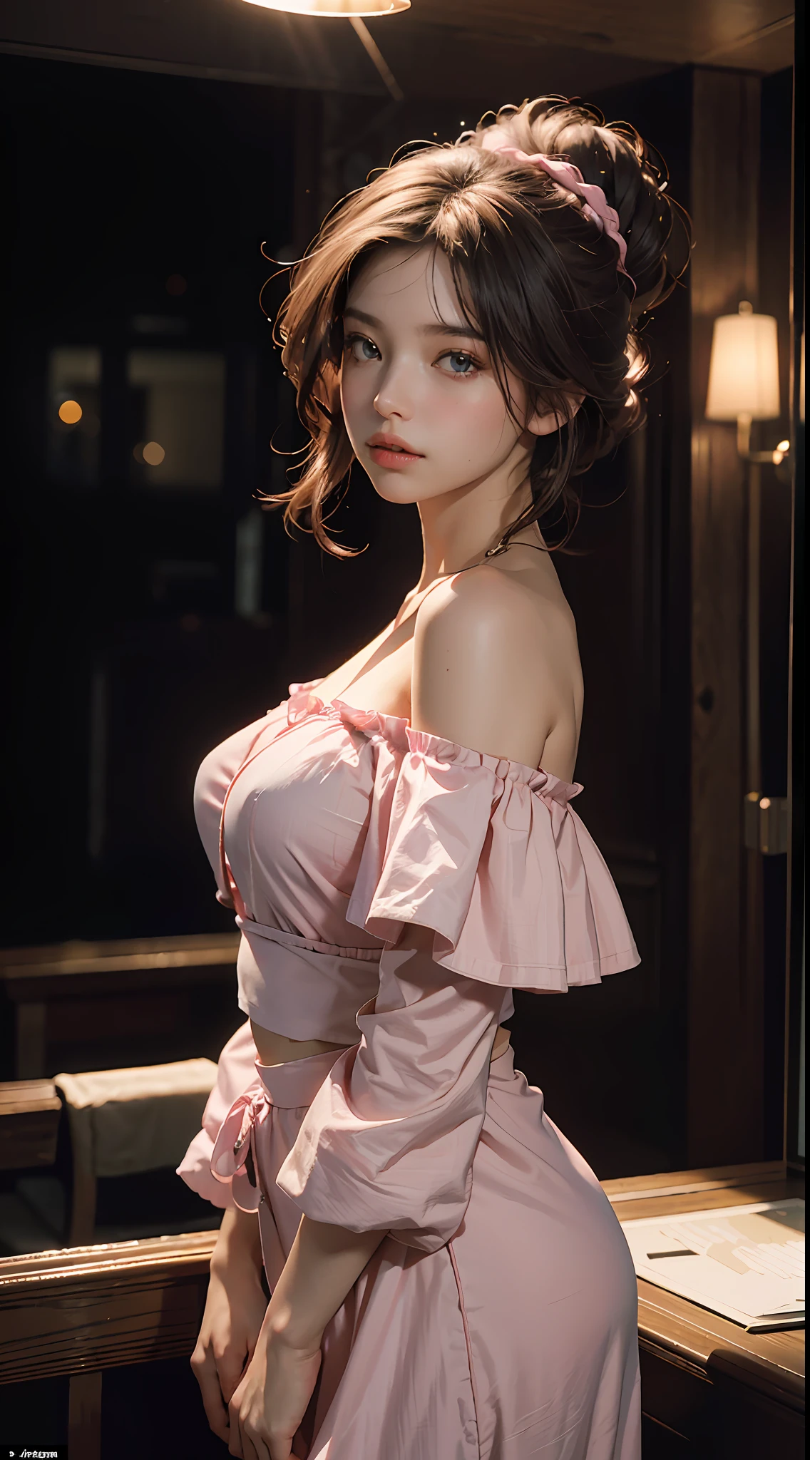 Best Quality, Masterpiece, Ultra High Resolution, (Realisticity: 1.4), Original Photo, 1girl, Pink Off-the-Shoulder, Cinematic Lighting