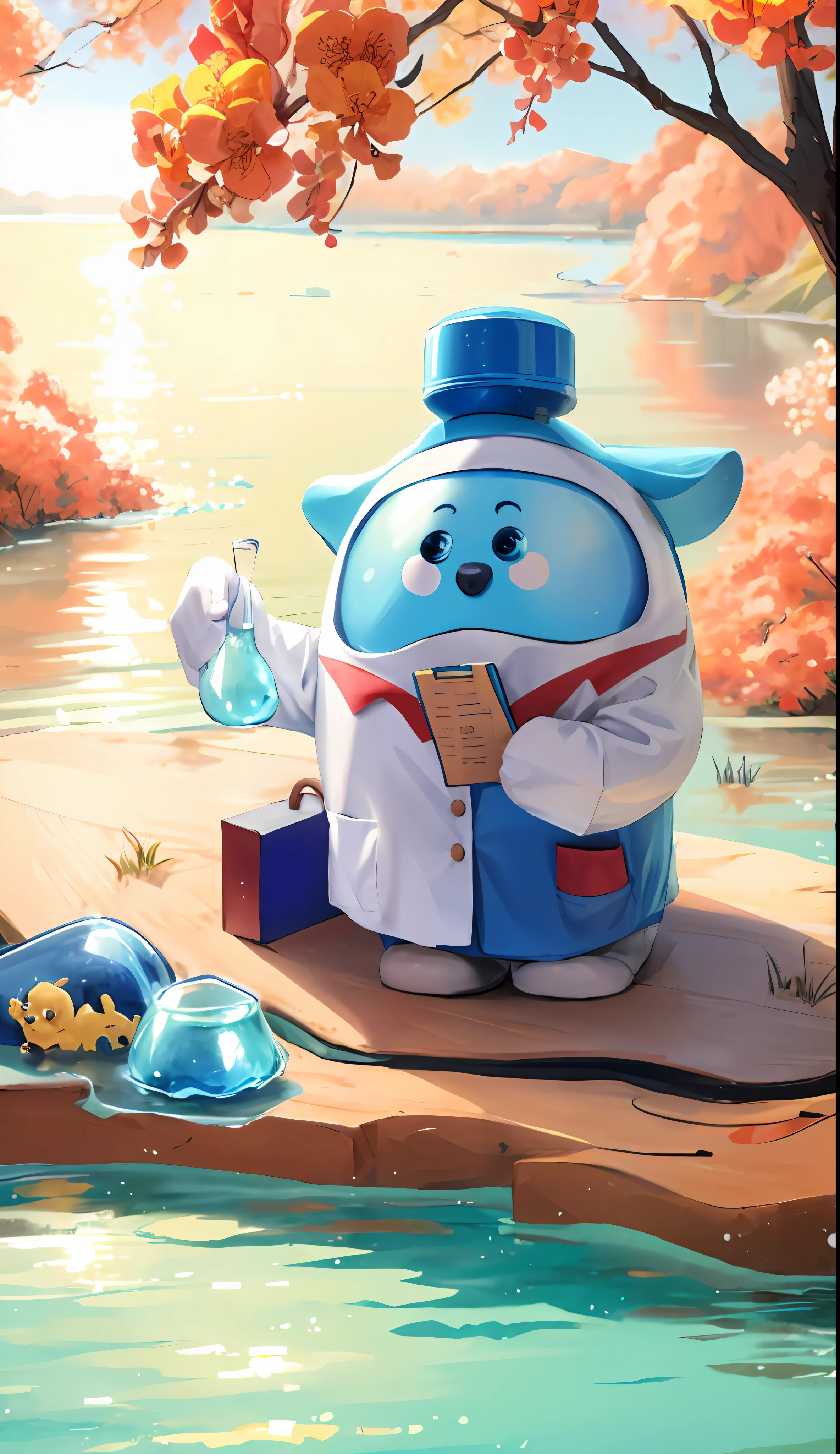Moutai, mascot, dressed as a scientist, test tube, test, folder, box, river water, riverside, stone, summer, sunshine, high precision illustration