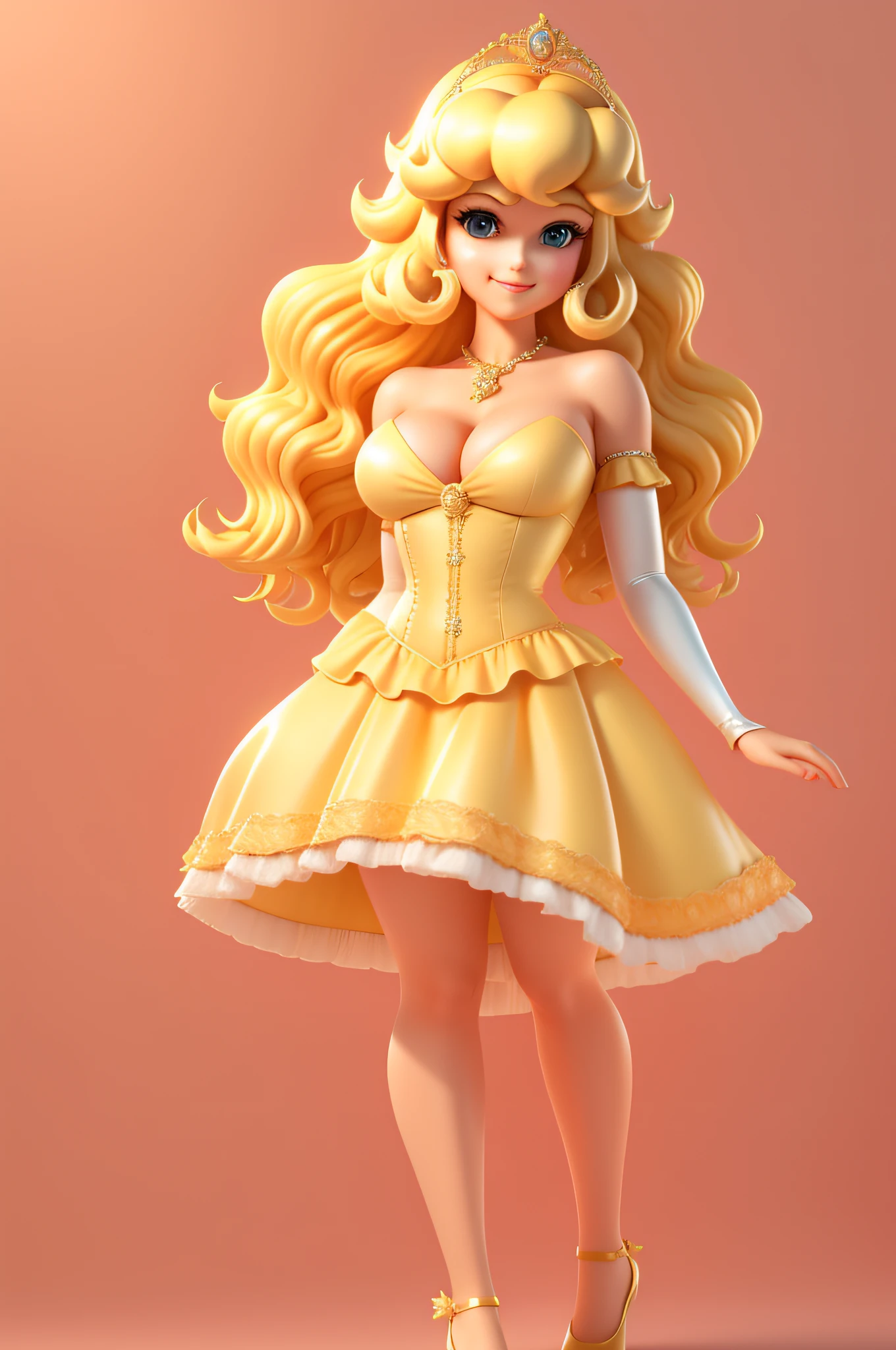 cowboy shot, april o'neil, 1980s \(style\), 1girl, blonde hair, retro artstyle, short hair, solo, unbutton_shirt, (naked_breasts:1.2), medium_breasts, cleavage, full body shot, model pose, shoes visible, Princess Peach has long, flowing golden-blonde hair that falls in gentle waves. Her hair is usually styled with a slight curl at the ends, giving her a soft and feminine look. She may also wear a small crown or tiara atop her head, symbolizing her royal status.
Her eyes are large and blue, often sparkling with warmth and kindness. They are framed by long, dark lashes, and her eyebrows are typically well-groomed and softly arched.
Princess Peach has a fair complexion, with rosy cheeks that add a touch of innocence and charm to her appearance. Her lips are usually depicted as soft and pink, accentuating her gentle smile.
She is often seen wearing a beautiful, vibrant pink dress. The dress typically features puffed sleeves, a fitted bodice, and a flared skirt that falls to her knees. The dress may have decorative elements such as lace, bows, or floral patterns, reflecting her elegant and feminine style.