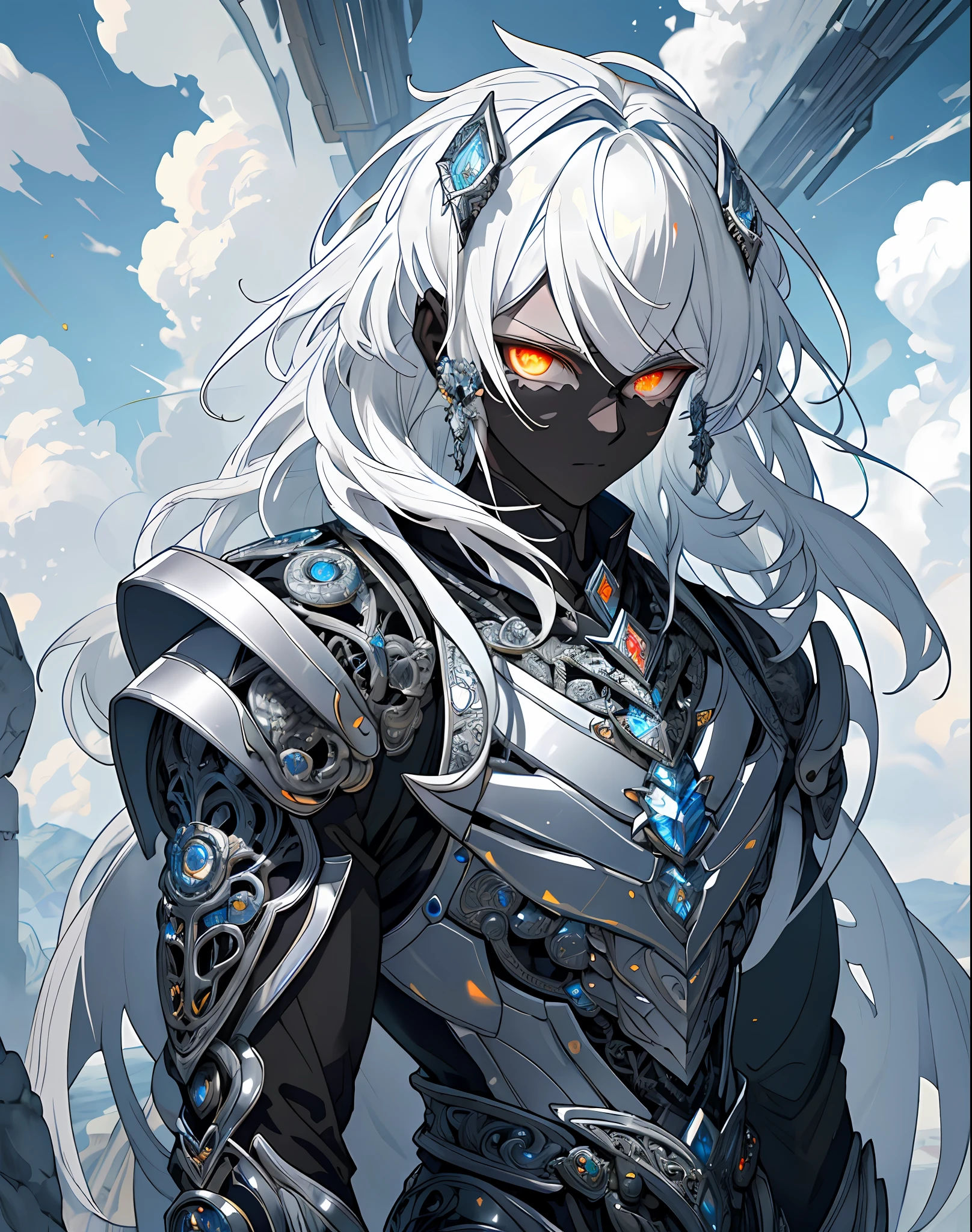 ((raw photo)), ((masterpiece)), anthropomorphic humanoid Seraphim wearing diamond armor, intricate detail, futobot, intricate Greebles pieces, clouds behind, bright fire eyes, half black and white hair, scale skin