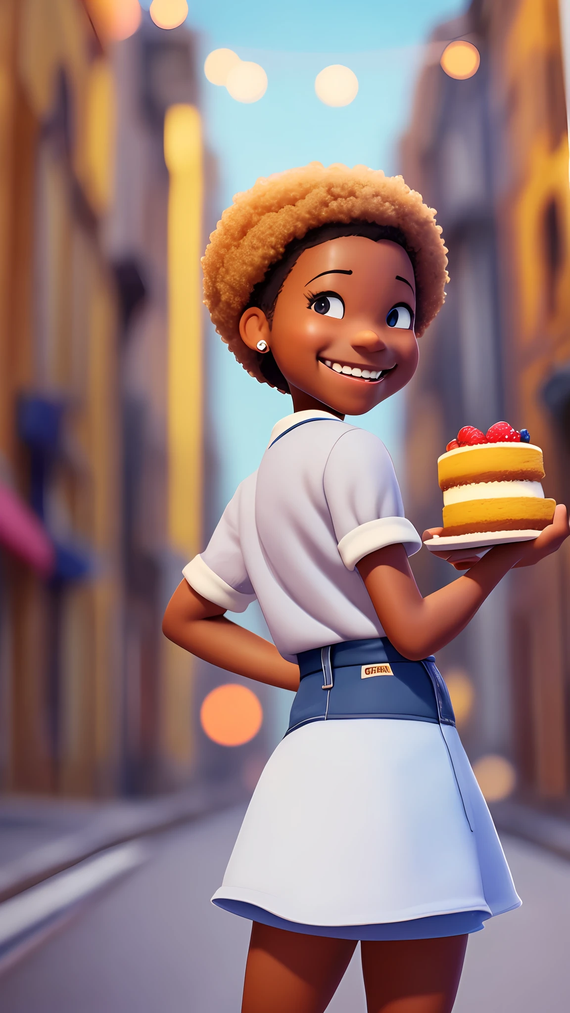 3D cartoon character holding a small cake on a city street, black girl, (((cute smile))), movie art, clean shot, ghailan!, like a pixar character, handsome young man, afro hair logos, grace and blessing, rendered unreal, movie promo image, rendered image --auto --s2