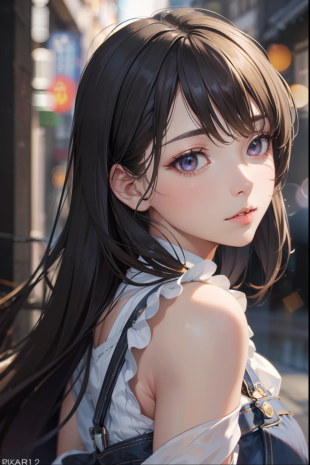 ((Best Quality:1.2, 8k, Sharp Focus, photo realistic:1.2, Masterpiece: 1.4, back Light, Ultimate Girl, Highly Detailed Facial Textures, Highly Detailed Facial Textures, detailed beauty makeup: 1.2, realistic skin, detailed eyes, detailed bangs)), (overalls),(village background), head tilt, huge breast, light brown hair, from side