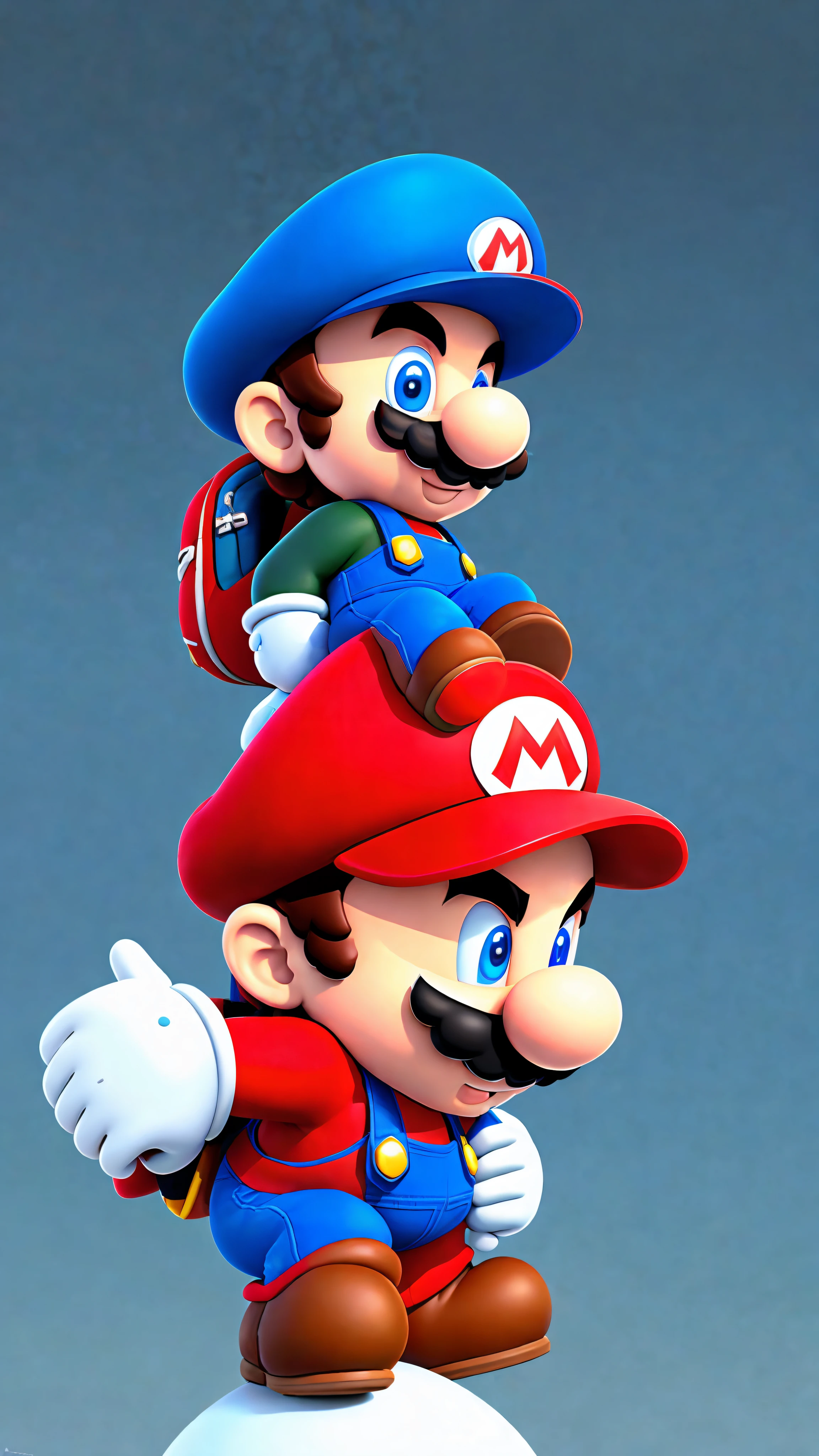 Super detailed 3D character rendering showing a close-up of a man with a backpack on a toy. The portrait is rendered as Mario, blending cute cartoon style with hyper-realistic details. Highly iconic characters are designed in 3D art, as if Super Mario really became a reality. It is full of the visual feel of cartoon rendering keyboards and the style of video game character design. Artistic presentation by fans who love Mario.