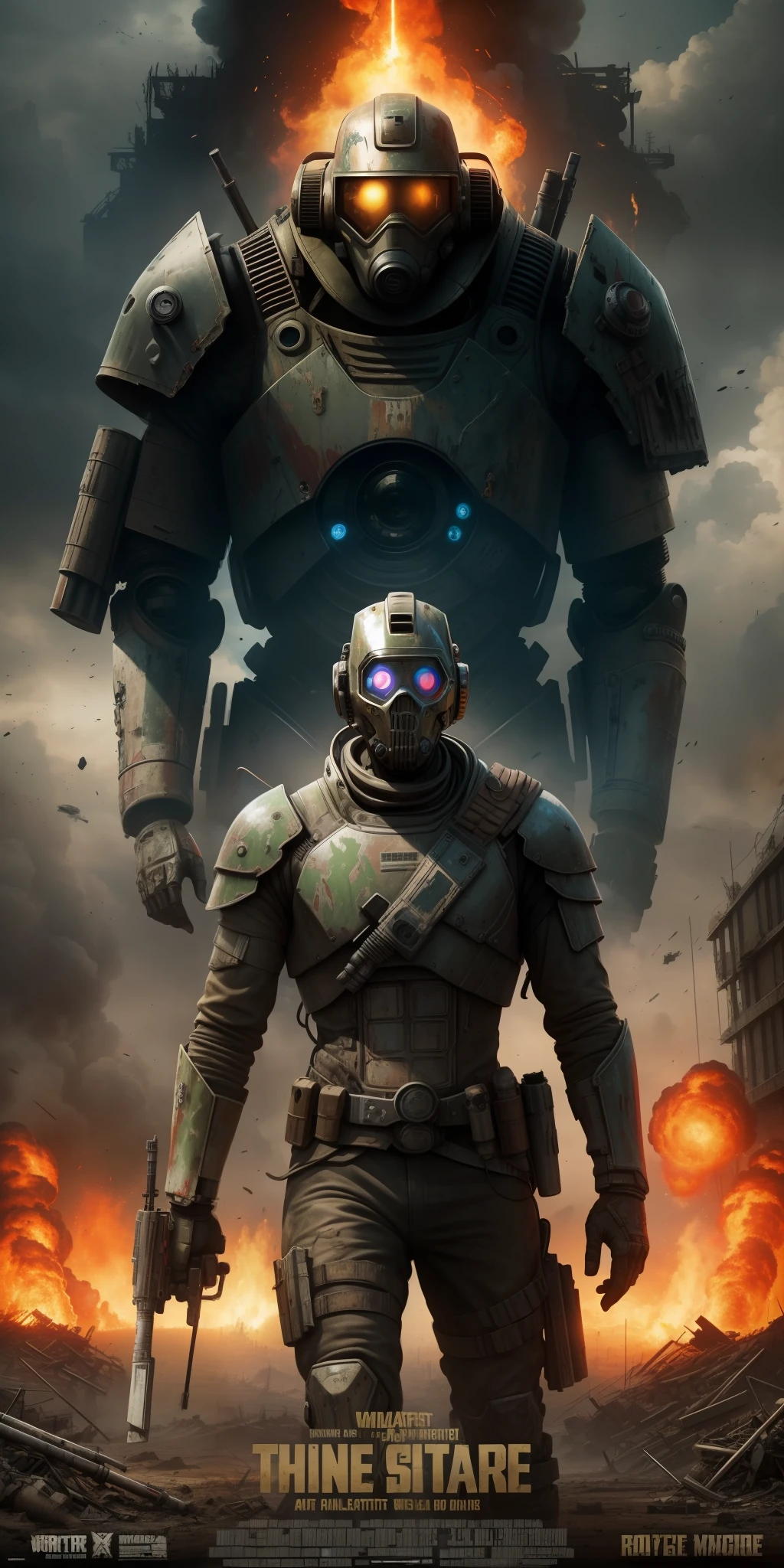 Highest quality, best quality, masterpiece, (post-apocalyptic movie poster about artificial intelligence taking over the work of human artists), paint splash, robots, wasteland, fighting, shooting, flames, explosions