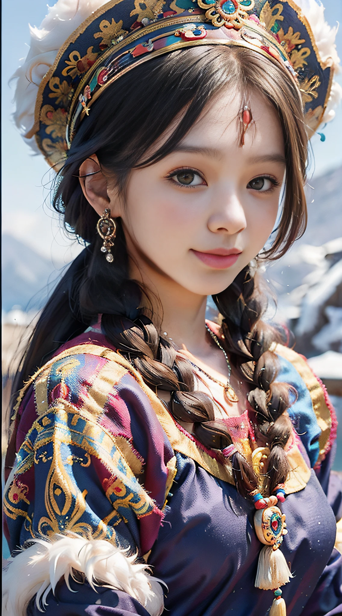 A girl, long braids, Tibetan girl, close-up, slightly raised head, smile, front photo, upper body, bust photo, Tibetan costume, colorful costume, collar with fluff, fluff collar, high-end Tibetan clothing, cumbersome Tibetan clothing design, cold clothing, winter clothing, appearance Yang transcendence, round face shape, gorgeous Tibetan clothing, cumbersome Tibetan necklace, cumbersome Tibetan headdress, colorful headband, live CG, sweet style, film style, HD 4K, photography effect, studio effect, white halo, mythological style, Snowfield background, character core, picture ratio 16:9, fresh mask.