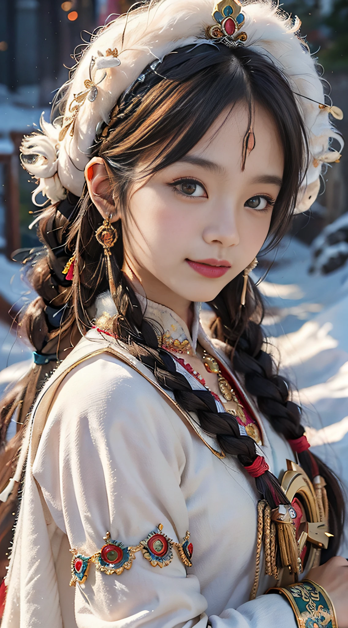 A girl, long braids, Tibetan girl, close-up, slightly raised head, smile, front photo, upper body, bust photo, Tibetan costume, colorful costume, collar with fluff, fluff collar, high-end Tibetan clothing, cumbersome Tibetan clothing design, cold clothing, winter clothing, appearance Yang transcendence, round face shape, gorgeous Tibetan clothing, cumbersome Tibetan necklace, cumbersome Tibetan headdress, colorful headband, live CG, sweet style, film style, HD 4K, photography effect, studio effect, white halo, mythological style, Snowfield background, character core, picture ratio 16:9, fresh mask.