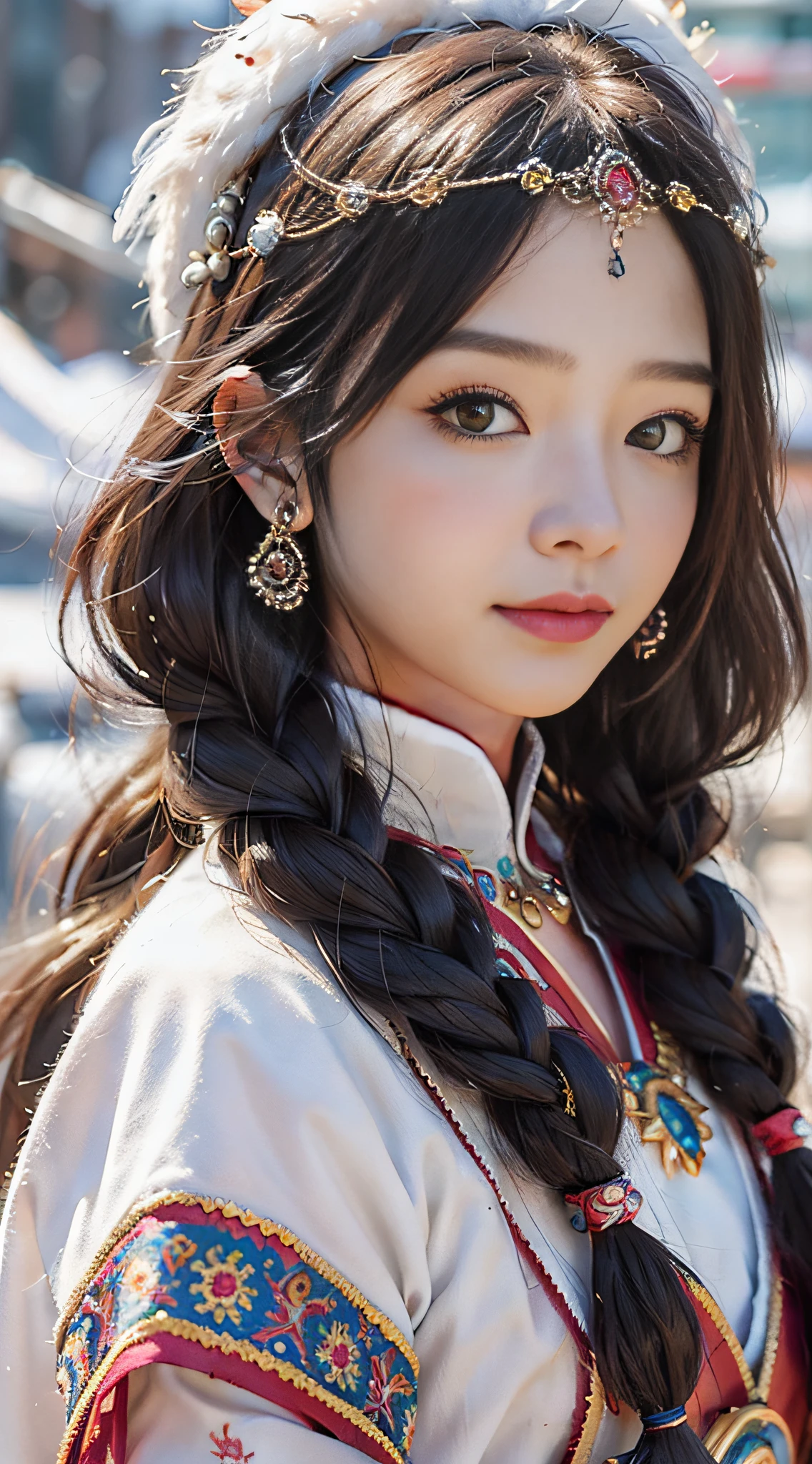 A girl, long braids, Tibetan girl, close-up, slightly raised head, smile, front photo, upper body, bust photo, Tibetan costume, colorful costume, collar with fluff, fluff collar, high-end Tibetan clothing, cumbersome Tibetan clothing design, cold clothing, winter clothing, appearance Yang transcendence, round face shape, gorgeous Tibetan clothing, cumbersome Tibetan necklace, cumbersome Tibetan headdress, colorful headband, live CG, sweet style, film style, HD 4K, photography effect, studio effect, white halo, mythological style, Snowfield background, character core, picture ratio 16:9, fresh mask.