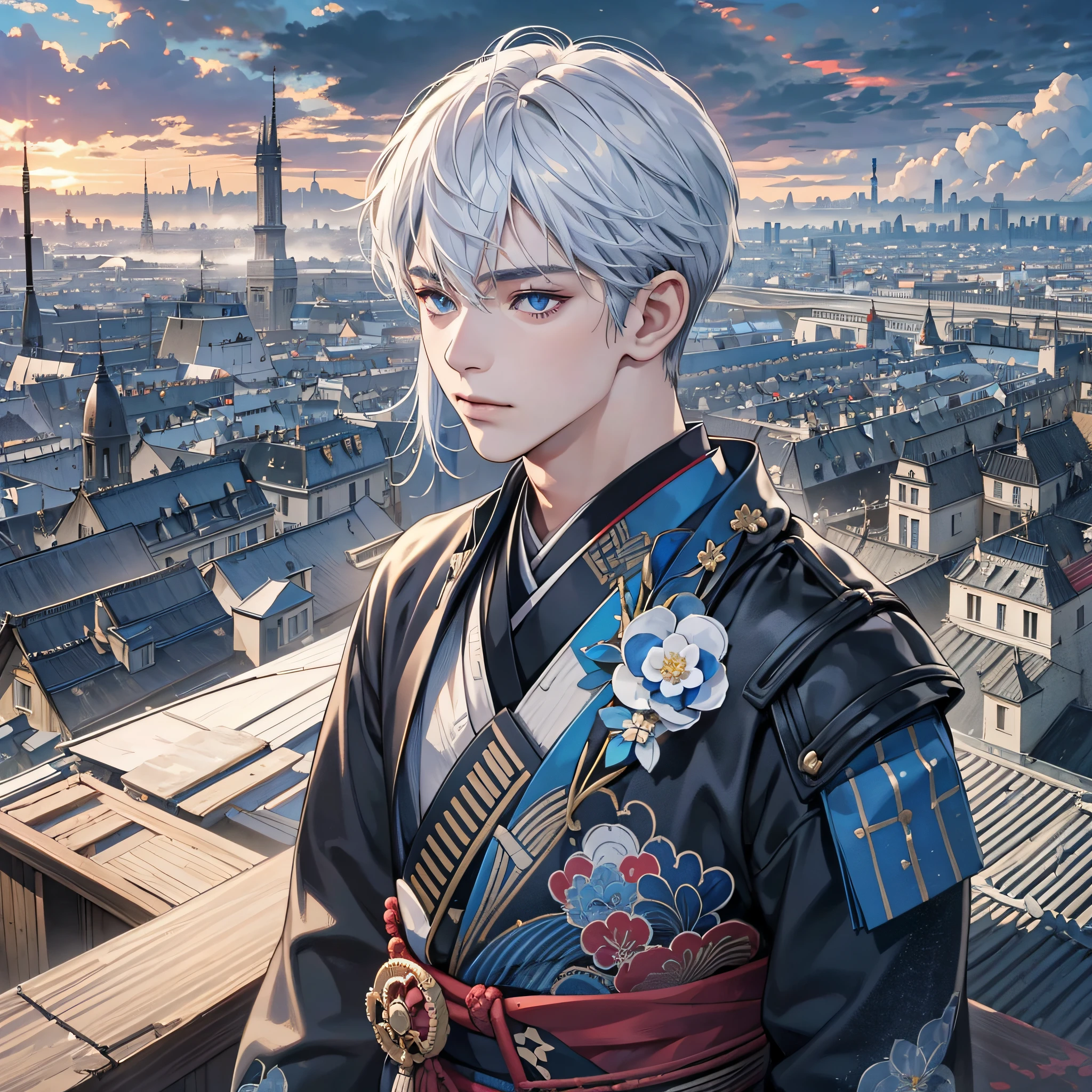 (1 boy:1.3), Solo, ((((Highly detailed face)))), ((Highly detailed eyes and face)))), Beautiful blue eyes, Body parts__, Official Art, Unified 8k wallpaper, Ultra detailed, Cool and cool, Beautiful,Silver hair, Best quality, Original, Masterpiece, Ultra fine photo, Best quality, Ultra high definition, Realistic realism, Sunlight, Full body portrait, Amazing coolness, Dynamic pose, delicate face, vivid eyes, (from the front), he is yamabakiri Nagayoshi, samurai kimono, blue and black color scheme, highly detailed city roof background, rooftop, overlooking the city, detailed face, detailed complex busy background, messy and gorgeous milky white, highly detailed skin, realistic skin details, visible pores, clear focus, volumetric fog, 8k UHD, dslr, high quality, film grain Paris, fair skin, photorealism, landscape of Paris, France, cute face, youth, samurai --auto --s2
