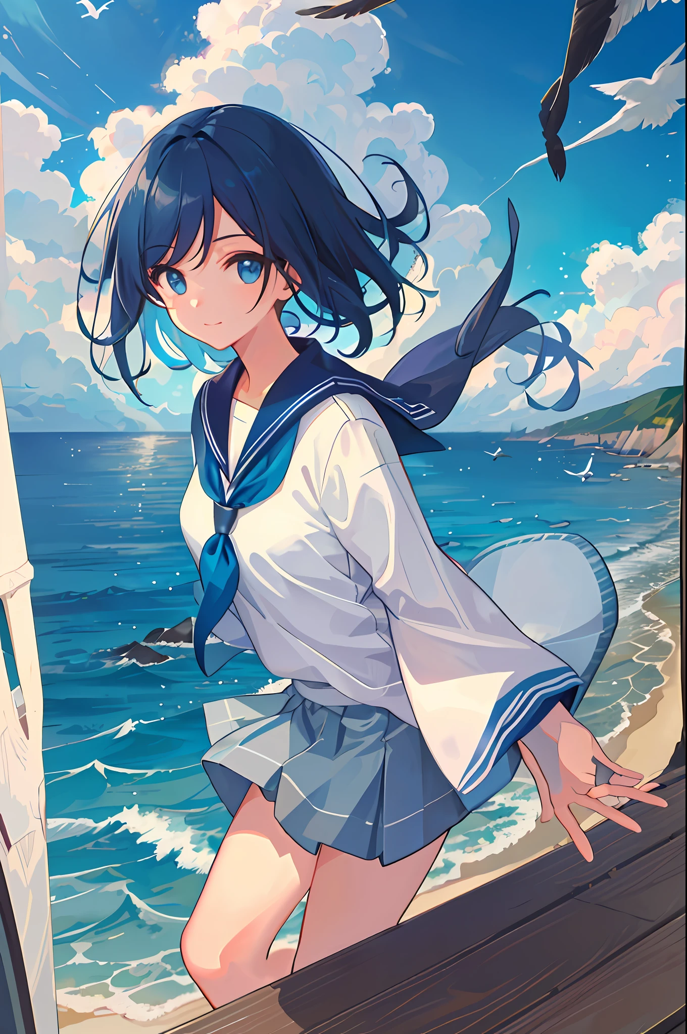 (masterpiece, best quality: 1.1), bird's eye view, girl, asymmetrical, blue sea, low tide, sea waves, coastal road, sandy beach, pier, yacht, yacht, ship's wake, contrail, car, tourist, lighthouse, seagull , horizon, wind, summer, morning, sunny, clouds, calm, fresh air, depth of field