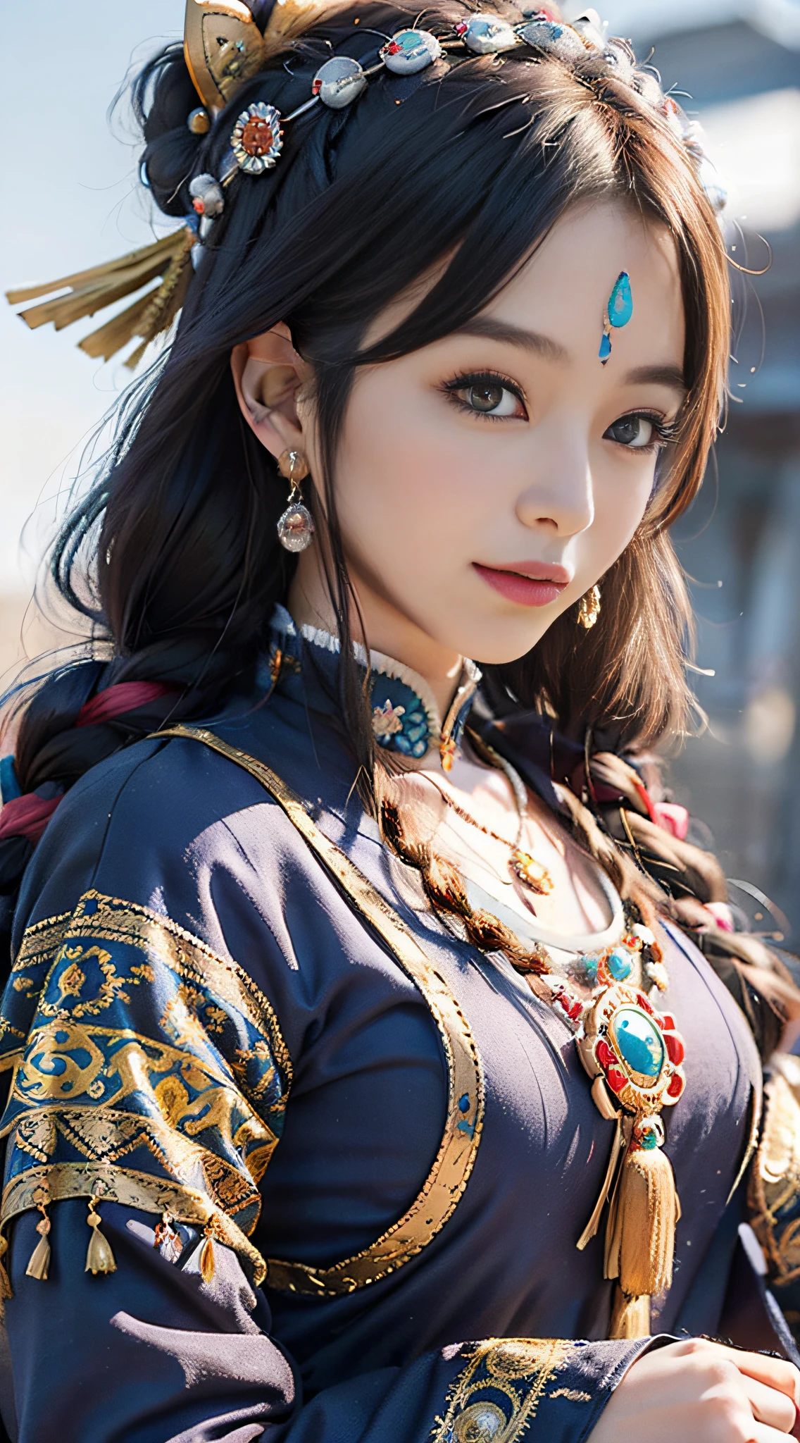A girl, long braids, Tibetan girl, close-up, slightly raised head, smile, front photo, upper body, bust photo, Tibetan costume, colorful costumes, navy blue Tibetan clothing, collar with fluff, velvet collar, high-end Tibetan clothing, cumbersome Tibetan clothing design, cold clothing, winter clothing, appearance Yang transcendence, round face shape, gorgeous Tibetan clothing, cumbersome Tibetan necklace, cumbersome Tibetan headdress, colorful headband, live CG, sweet style, film style, HD 4K, photography effects, studio effects, White glow, mythical wind, snowfield background, character core, picture ratio 16:9, mask fresh.
