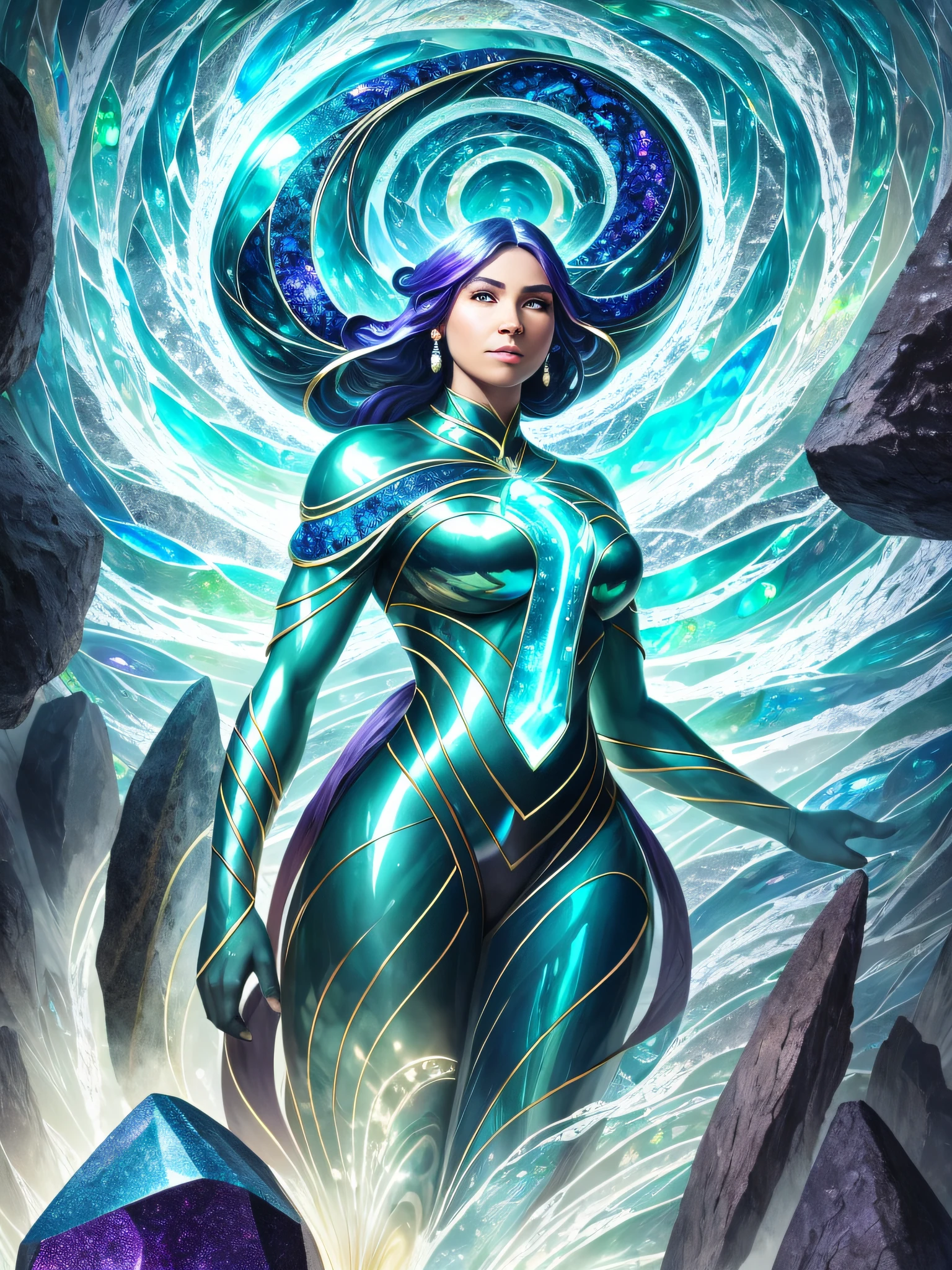 (extremely detailed 8k wallpaper) Depict a 6-foot tall figure, composed entirely of living stone and earth. Her body incorporates various types of rock, with veins of sparkling quartz and other precious minerals crisscrossing her form like a network of rivers. Her eyes resemble polished opals, shimmering with hidden colors, and her voice resonates with the deep rumble of the earth. Her form is solid and unyielding, yet capable of shifting and changing, allowing her to merge with the earth or form weapons from her own body. (living stone figure:1.2), (6-foot tall:1.2), (rock body:1.2), (mineral veins:1.2), (polished opal eyes:1.2), (deep rumbling voice:1.2), (shifting form:1.2)