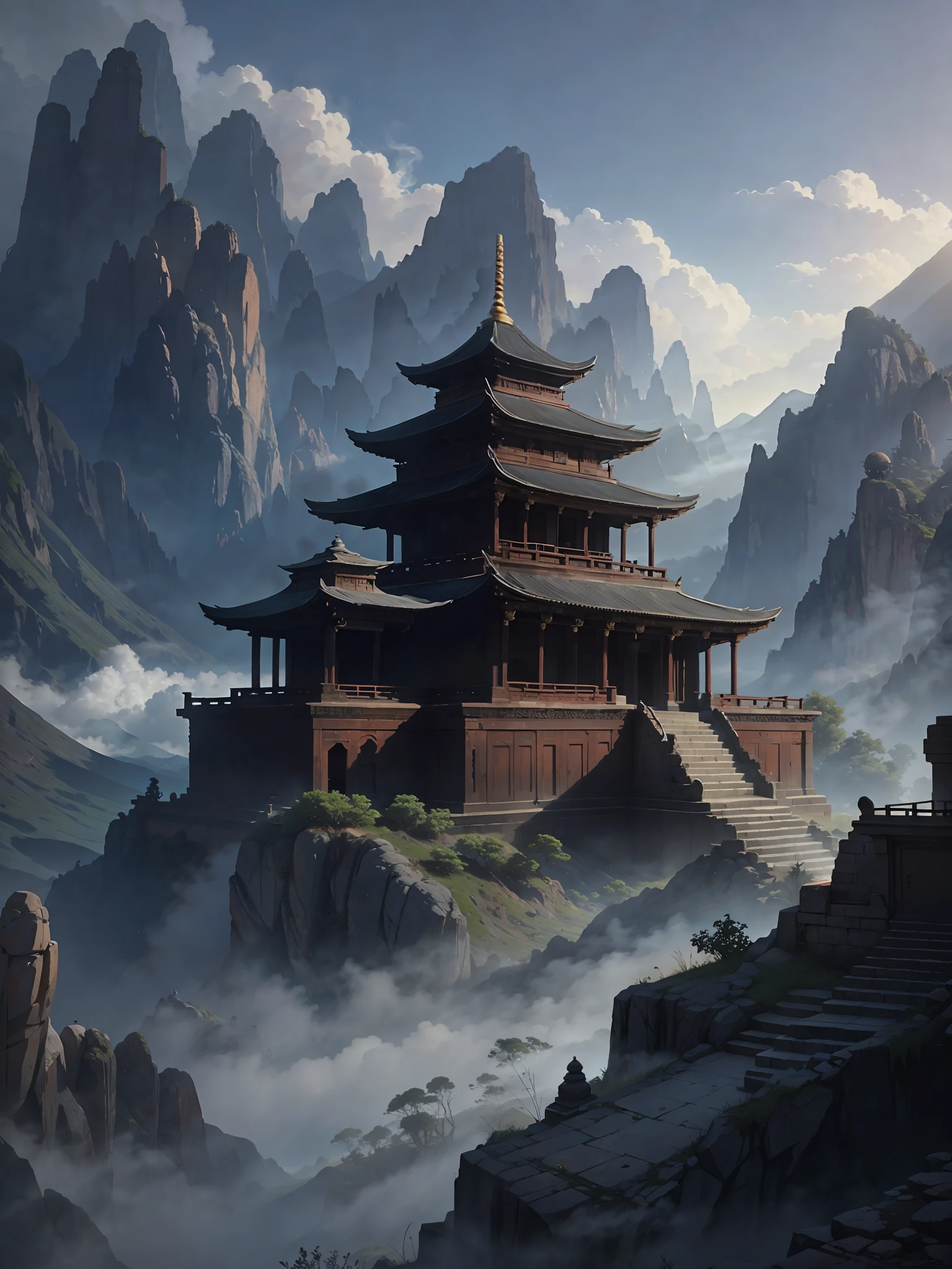 There is an old temple in a valley filled with smoke