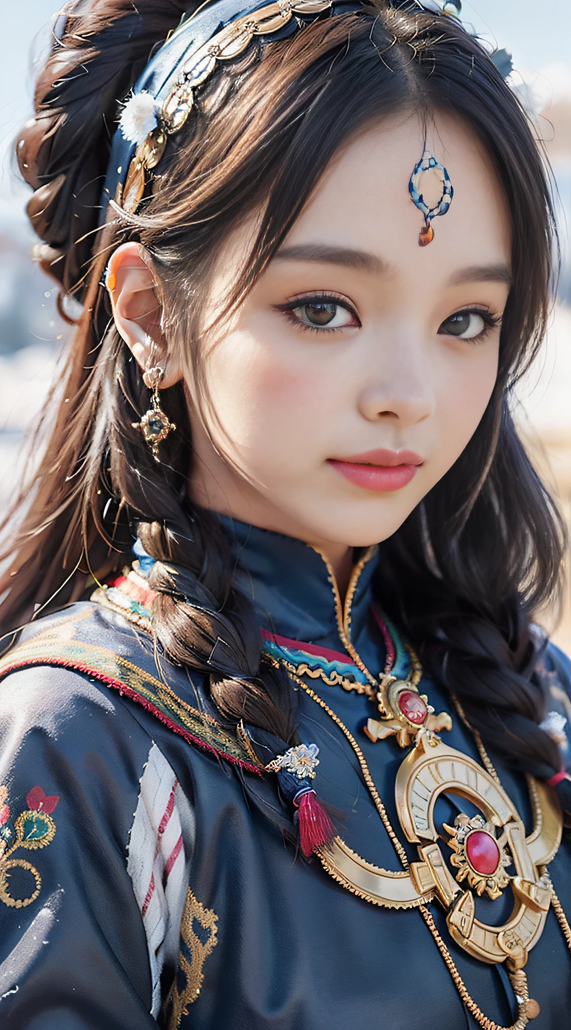 A girl, long braids, Tibetan girl, close-up, slightly raised head, smile, front photo, upper body, bust photo, Tibetan costume, colorful costumes, navy blue Tibetan clothing, collar with fluff, velvet collar, delicate velvet collar, high-end Tibetan clothing, cumbersome Tibetan clothing design, cold clothing, winter clothing, appearance Yang transcendence, round face shape, gorgeous Tibetan clothing, cumbersome Tibetan necklace, cumbersome Tibetan headdress, colorful headband, real person CG, sweet style, film style, HD 4K, photography effects, Studio effect, white halo, mythological wind, snowfield background, character core, picture ratio 16:9, mask fresh.