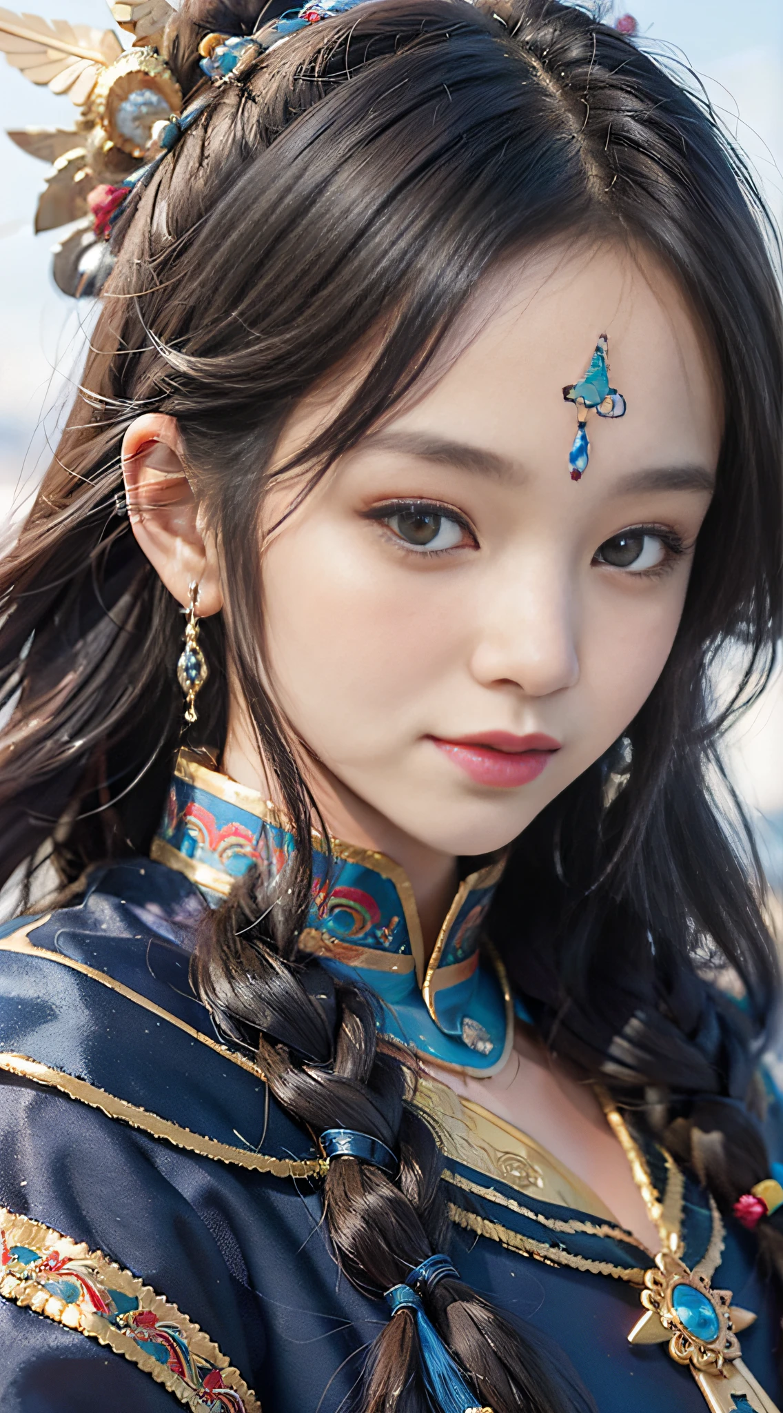 A girl, long braids, Tibetan girl, close-up, slightly raised head, smile, front photo, upper body, bust photo, Tibetan costume, colorful costumes, navy blue Tibetan clothing, collar with fluff, velvet collar, delicate velvet collar, high-end Tibetan clothing, cumbersome Tibetan clothing design, cold clothing, winter clothing, appearance Yang transcendence, round face shape, gorgeous Tibetan clothing, cumbersome Tibetan necklace, cumbersome Tibetan headdress, colorful headband, real person CG, sweet style, film style, HD 4K, photography effects, Studio effect, white halo, mythological wind, snowfield background, character core, picture ratio 16:9, mask fresh.