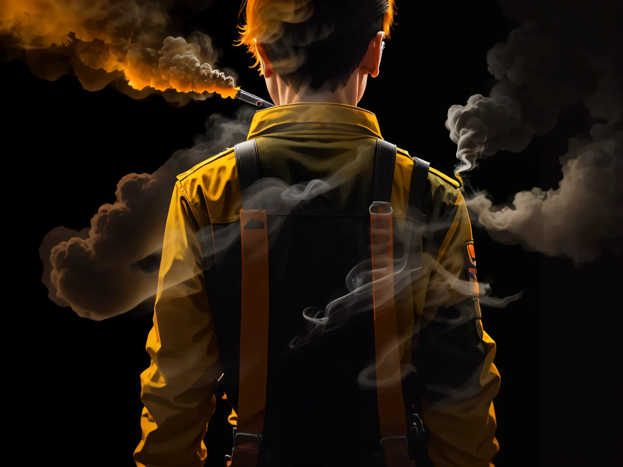Male hand holding gun on black background with smoke ( yellow orange red white ) colored back lights --auto --s2
