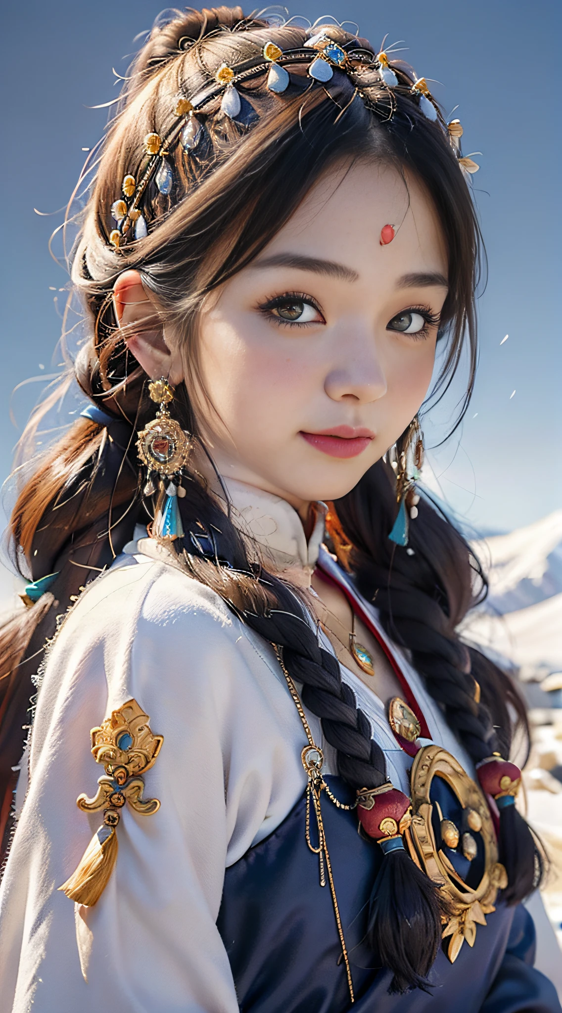 A girl, long braids, Tibetan girl, close-up, slightly raised head, smile, front photo, upper body, bust photo, Tibetan costume, colorful costumes, navy blue Tibetan clothing, collar with fluff, velvet collar, delicate velvet collar, high-end Tibetan clothing, cumbersome Tibetan clothing design, cold clothing, winter clothing, appearance Yang transcendence, round face shape, gorgeous Tibetan clothing, cumbersome Tibetan necklace, cumbersome Tibetan headdress, colorful headband, real person CG, sweet style, film style, HD 4K, photography effects, Studio effect, white halo, mythological wind, snowfield background, character core, picture ratio 16:9, mask fresh.