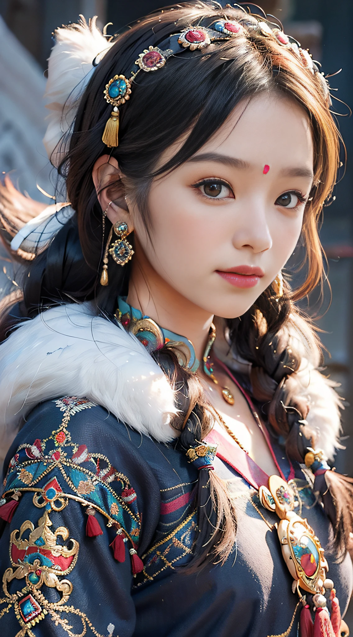 A girl, long braids, Tibetan girl, close-up on front, slightly raised head, smile, front photo, upper body, bust photo, Tibetan costume, colorful clothing, navy blue Tibetan costume, collar with fluff, fluff collar, high-end Tibetan clothing, cumbersome Tibetan clothing design, cold clothing, winter clothing, appearance Yang transcendence, round face shape, gorgeous Tibetan clothing, cumbersome Tibetan necklace, cumbersome Tibetan headdress, colorful headband, real person CG, sweet style, film style, HD 4K, photography effect, studio effect, White glow, mythical wind, snowfield background, character core, picture ratio 16:9, mask fresh.