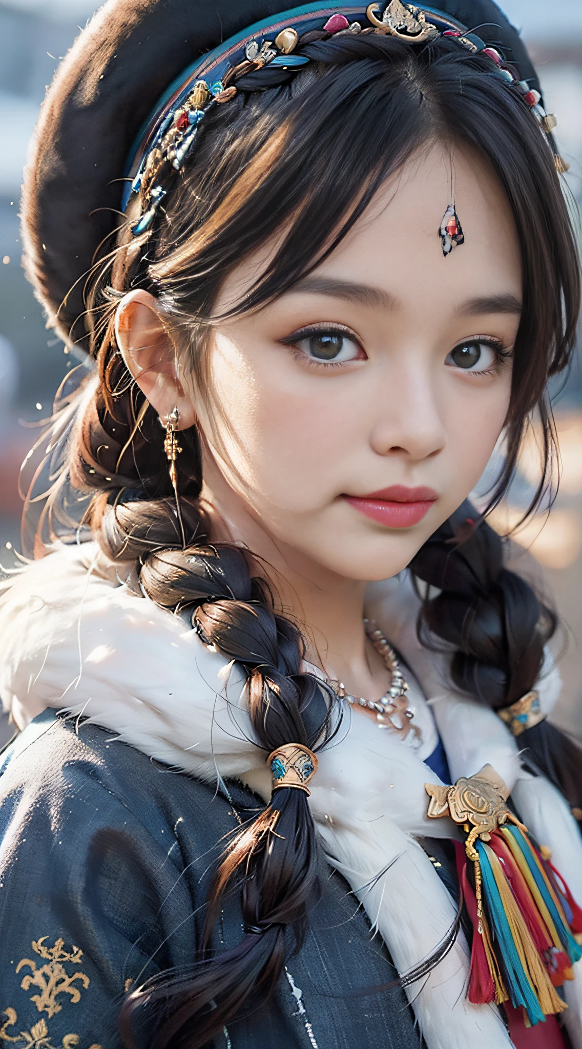 A girl, long braids, Tibetan girl, close-up on front, slightly raised head, smile, front photo, upper body, bust photo, Tibetan costume, colorful clothing, navy blue Tibetan costume, collar with fluff, fluff collar, high-end Tibetan clothing, cumbersome Tibetan clothing design, cold clothing, winter clothing, appearance Yang transcendence, round face shape, gorgeous Tibetan clothing, cumbersome Tibetan necklace, cumbersome Tibetan headdress, colorful headband, real person CG, sweet style, film style, HD 4K, photography effect, studio effect, White glow, mythical wind, snowfield background, character core, picture ratio 16:9, mask fresh.