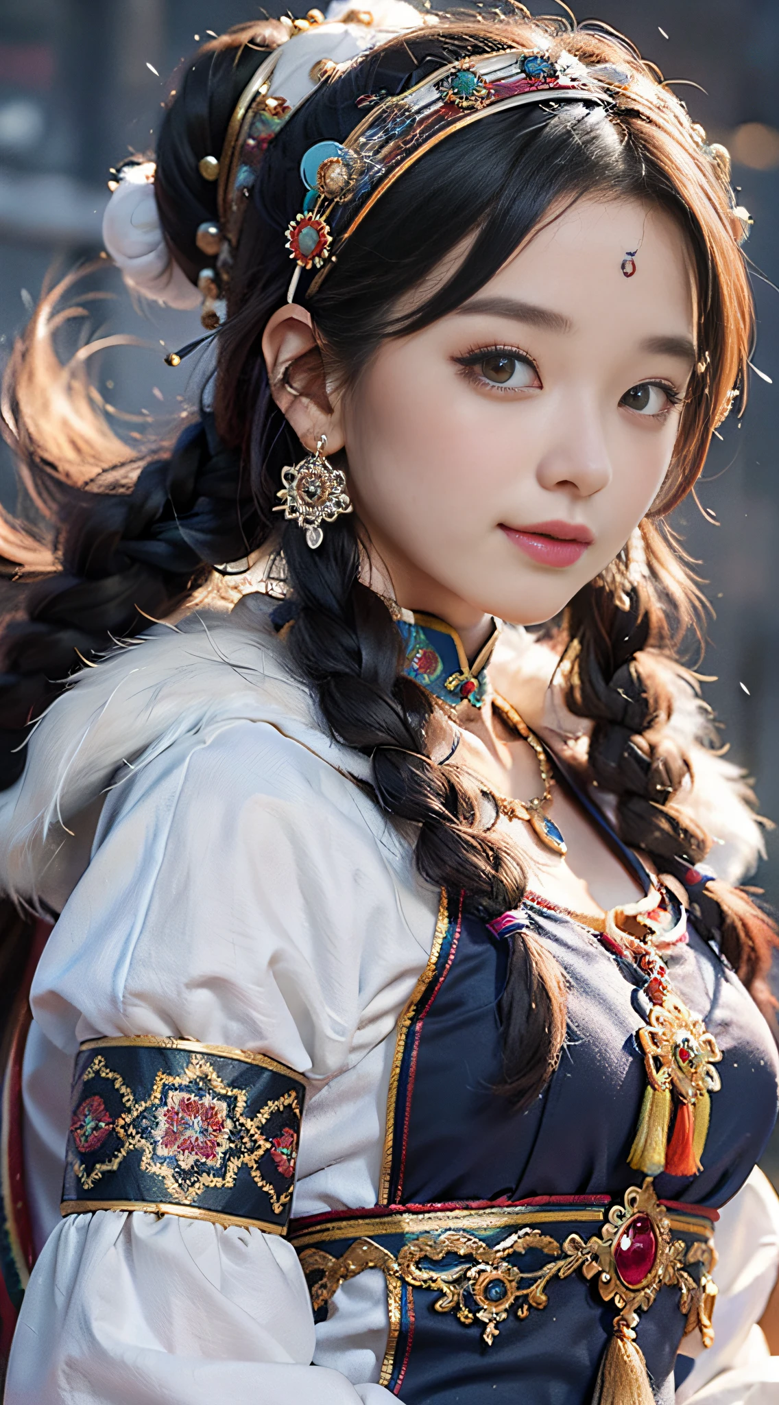 A girl, long braids, Tibetan girl, close-up on front, slightly raised head, smile, front photo, upper body, bust photo, Tibetan costume, colorful clothing, navy blue Tibetan costume, collar with fluff, fluff collar, high-end Tibetan clothing, cumbersome Tibetan clothing design, cold clothing, winter clothing, appearance Yang transcendence, round face shape, gorgeous Tibetan clothing, cumbersome Tibetan necklace, cumbersome Tibetan headdress, colorful headband, real person CG, sweet style, film style, HD 4K, photography effect, studio effect, White glow, mythical wind, snowfield background, character core, picture ratio 16:9, mask fresh.