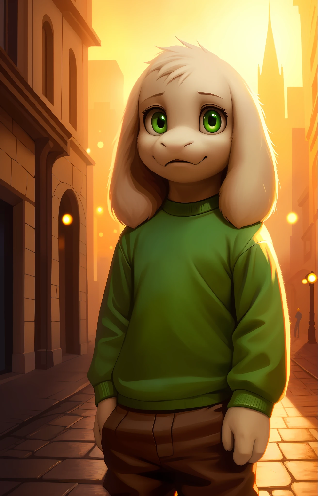 1boy,(( )), (fluffy), green t-shirt in yellow stripes, pants, solo, ???, child, (green t-shirt, brown pants), (best quality, ultra-detailed, best illustration, masterpiece, high res, professional artwork, famous artwork), realistic paint, (insane detailed eyes, green shine eyes), white fur, detailed realistic painting, male, (detailed white fur), asriel, portrait, detailed hands, shaded, four fingers, insane details, looking forward, cartoon, cute, ((full height)), city, street, driving a car, closeup portrait of a strikingly beautiful medieval princess in a medieval street, (((backlighting))), realistic, masterpiece, highest quality, puddle, lens flare, shade, ((bloom)), (chromatic aberration), digital painting, shallow depth of field, Giorgio Cavallon