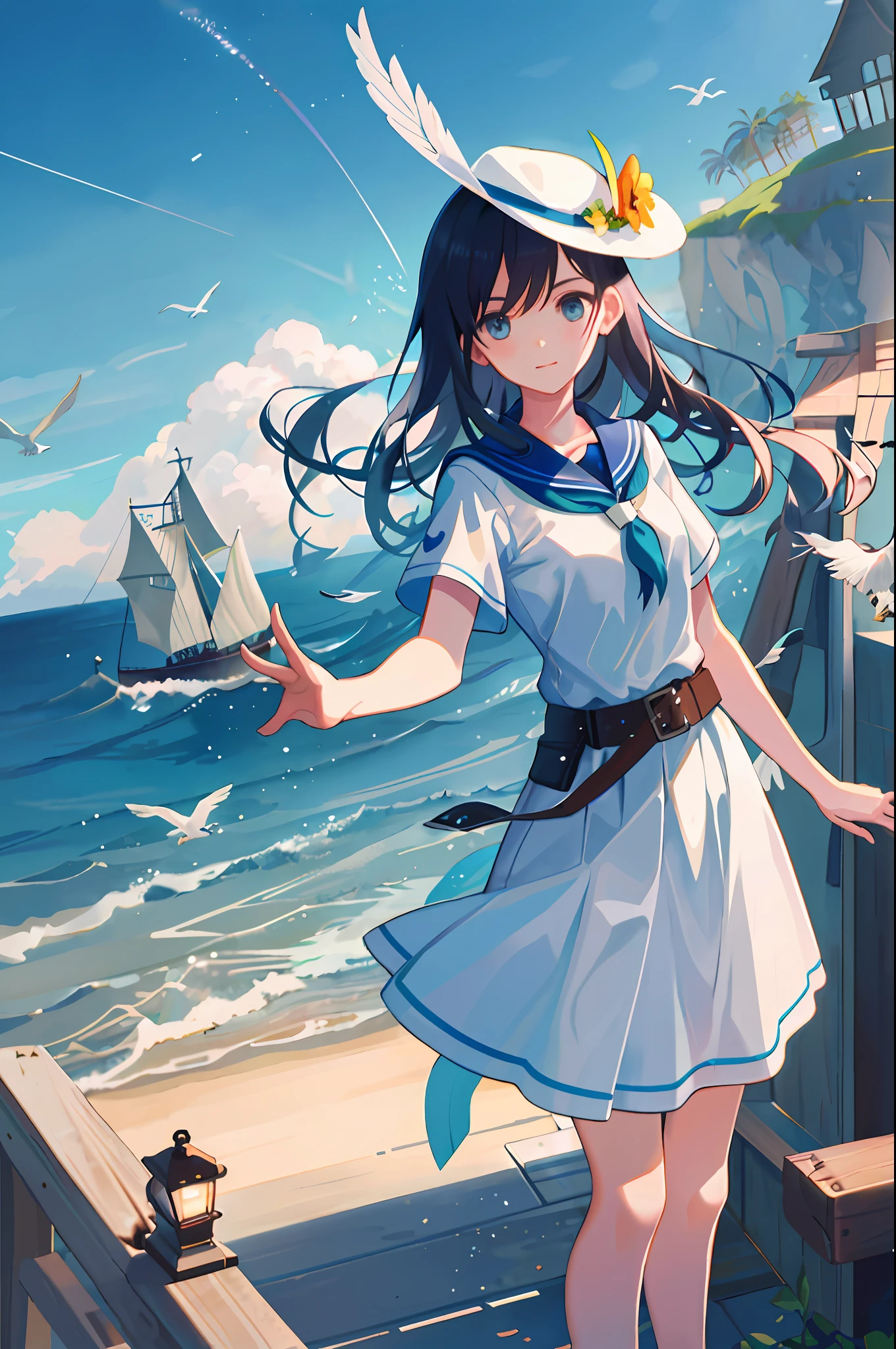 (masterpiece, top quality: 1.1), bird's eye view, asymmetry, blue sea, low tide, sea wave, sea route, coastal road, sandy beach, shell, pier, yacht, boat, ship wake, shipwreck, steamer, contrail, car, tourist, lighthouse, seagull , horizon, wind, summer, hat, morning, sunny, cloud, calm, fresh air, depth of field