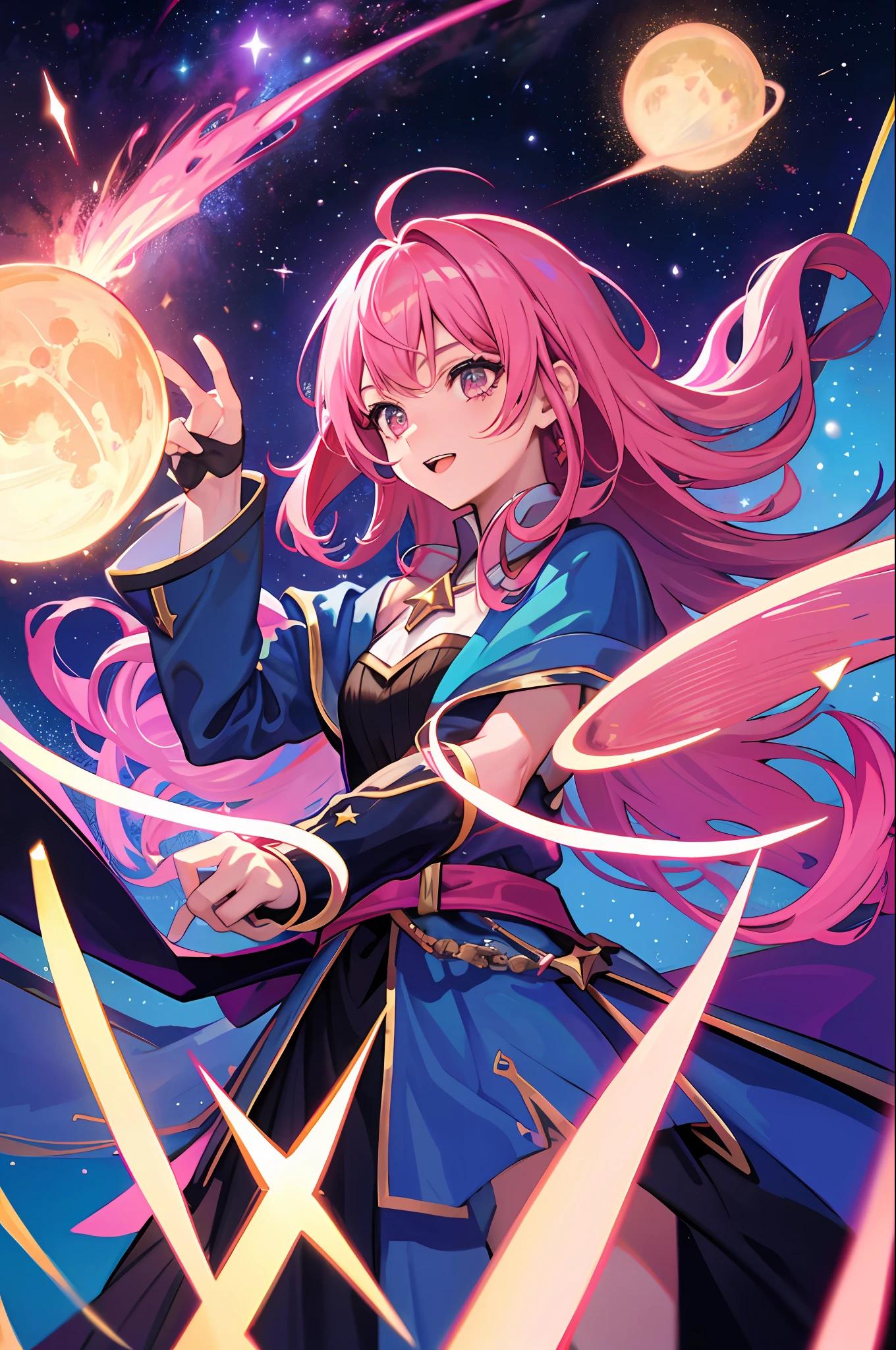 1girl, star mage, pink hair maria chiquinha, cosmic comets,